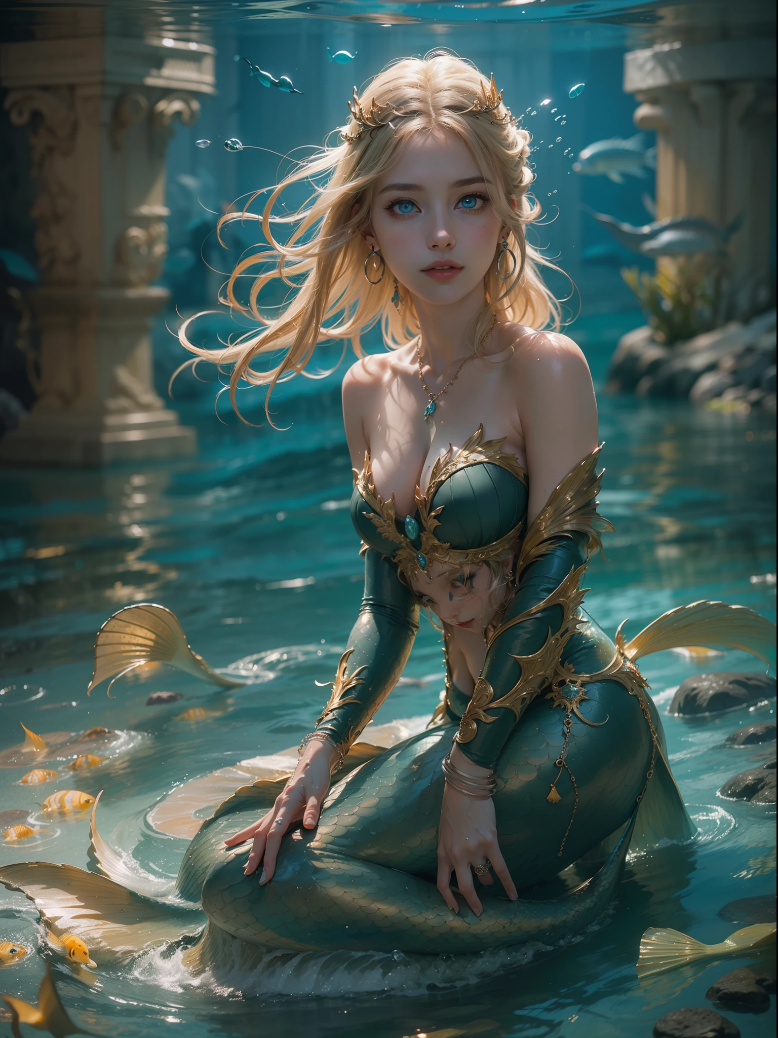 (number々Award-winning masterpieces of, with incredible detail, textures and maximum detail), Beautiful scales、Blue eyes、(full-body view:1.5), (Hyper realistic:1.4), (Realistic:1.3), (Top quality real texture skins), (((in water))), (Deep sea:1.5), (Fine perfectly symmetrical eyes), finerly detailed face, ((medieval world)), (full-body view:1.5), ((mermaid)), ((Mermaid Princess)), ((Mermaid aristocracy)), (Brighten and burn your eyes like ice), (She has a mischievous smile on her face), reefs, Shining majestic water and light, (Beautiful eyes:1.5), (full-body view:1.5), (Swirling water flow and background flow), (Dramatic light), (A majestic sight), (Her countenance is gentle and beautiful), Glass earrings on the ears, (dramatic photography:1.4), ((dramatic pose)), (flamboyant photo), (Golden hair), (full-body view:1.5), ((Looking down)), (Around her neck is a simple necklace of exquisite workmanship), (Bioluminescence with brilliant brilliance:1.3), (Use fancy hydromagic:1.2), (Beautiful fish in the surroundings), (full-body view:1.5), Epic Realistic, Faded, Art Book, (Greg Rutkowski:0.8), (teal and orange:0.4), (Art Station:1.5), Cinematic, ((Neutral colors)), (nffsw:1.5), (Muted colors:1.2), Hyper Detailed, Dramatic light, (Intricate details:1.1), Complex background,