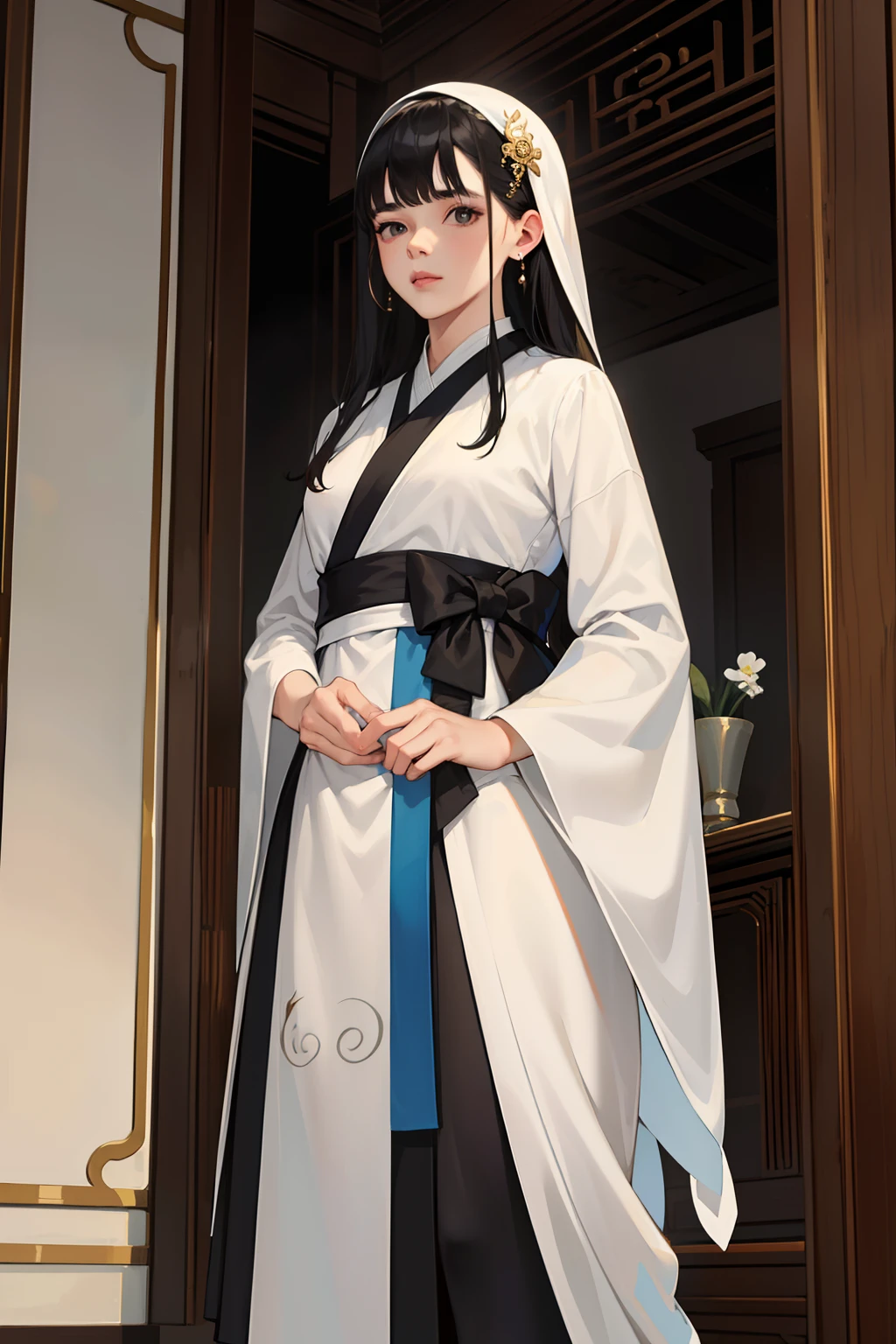 NSFW, obra-prima, melhor qualidade, ultra-detalhado, semi-realista, detailedfacialfeatures, 2 mulheres maduras, vestindo roupas antigas wuxia hanfu, linda mulher de cabelos negros compridos,olhos escuros,corpo voluptuoso,sexy,seios grandes,usando roupa feminina atraente,impetuosa mulher,arrogante,lider da seita celestial,Standing leaning against an ancestral altar and beside it a small dragon cub