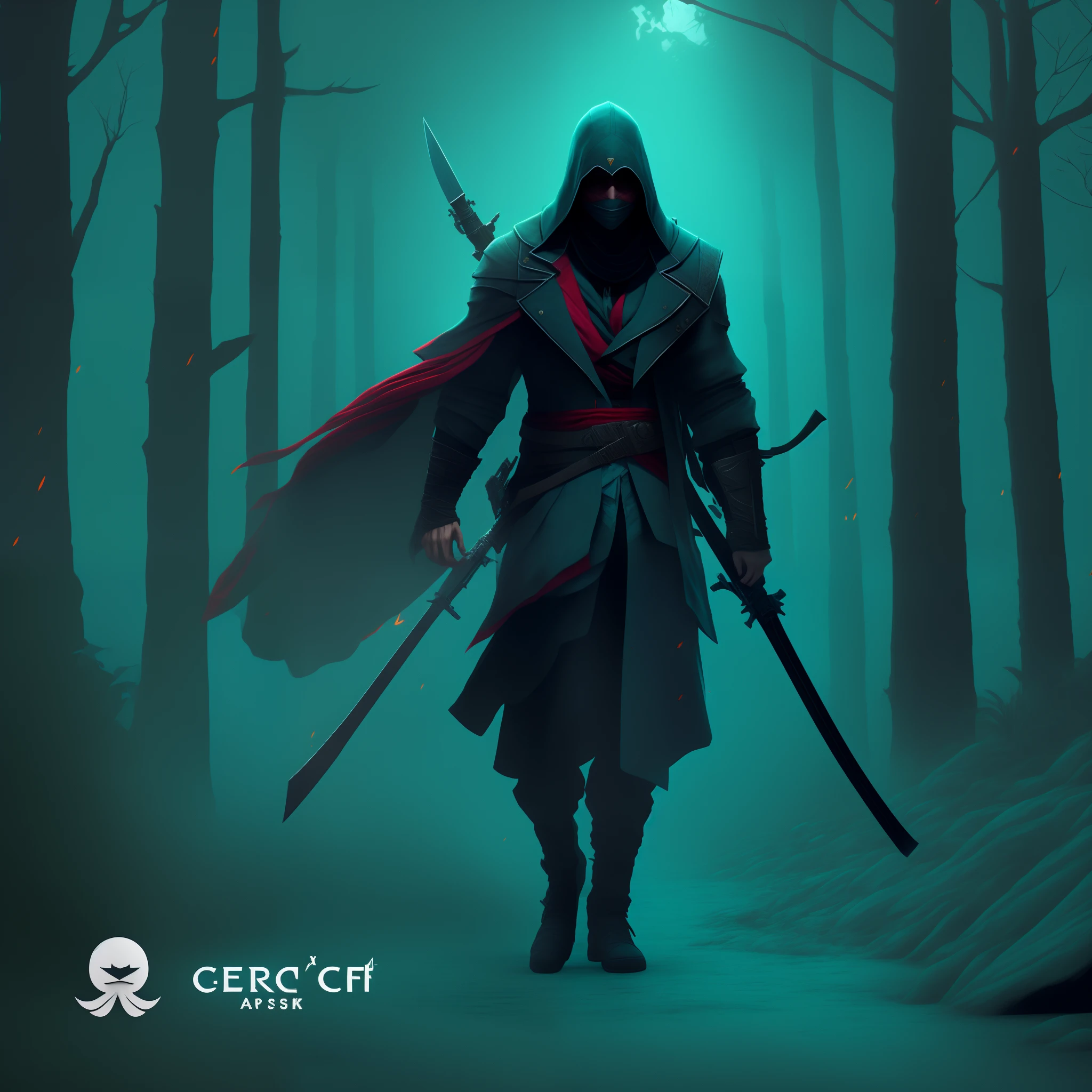 Ninja com Roupa Preta Estilo Assassin's Creed, Deixe a Floresta em Chamas, Night, Hot Colors, CyberPunk, Remove WaterMaker, Sniper in Back, sword in hand, Black Mask, Chuva.