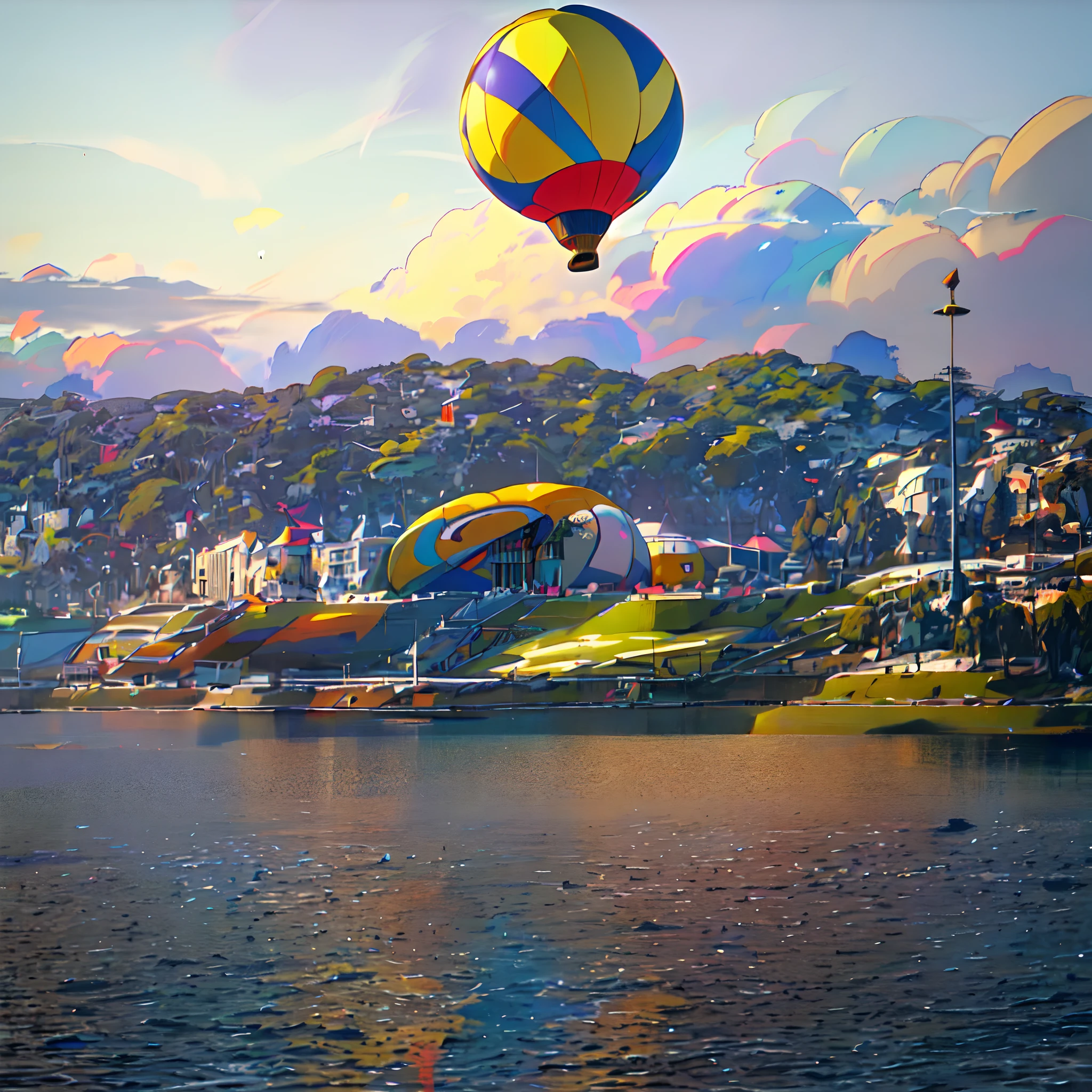 there is a yellow hot air balloon over the hill above the water, taken with iphone 1 3 pro max, taken with iphone 1 3 pro, taken with iphone 1 3 pro, taken with iphone 14 pro, taken with sony alpha 9, by Okuda Gensō , remote, taken with iphone 1 0, okuda, sportspalast . amphitheater