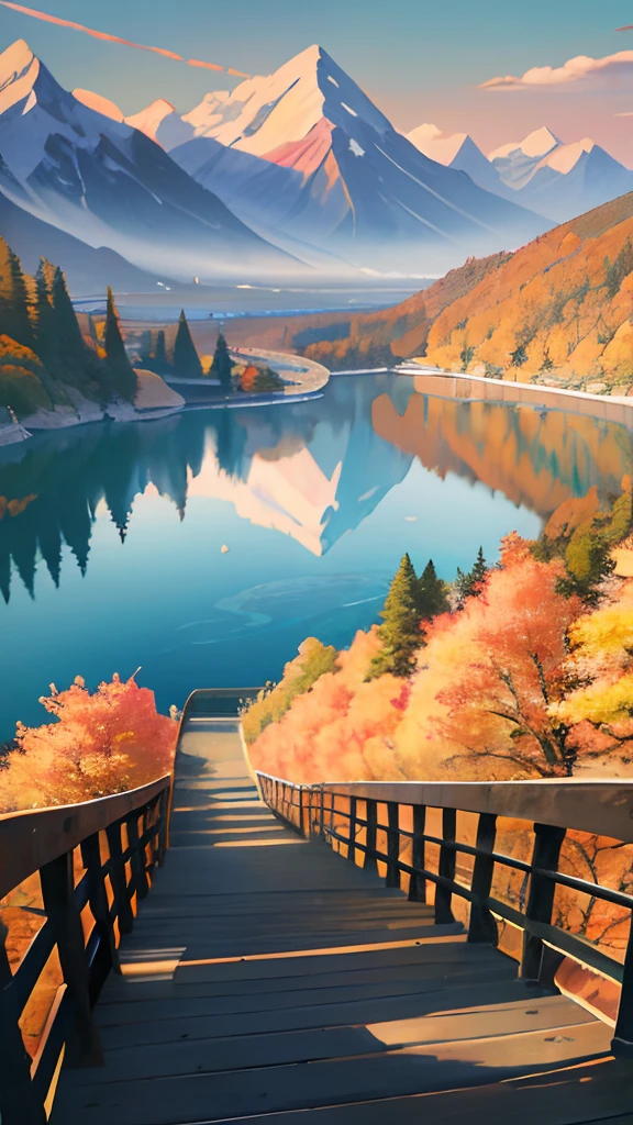 There is a painting of a bridge leading to an alpine lake, Beautiful image, detailed scenic view,beautiful anime scenes, beautiful anime scenery, hyperrealistic fall, landscape artwork, rich picturesque colors, anime beautiful peace scene, Scenic Colorful Environment, Beautiful nature, Colorful scene, Anime landscapes, very beautiful scenery, Beautiful place, stunning images