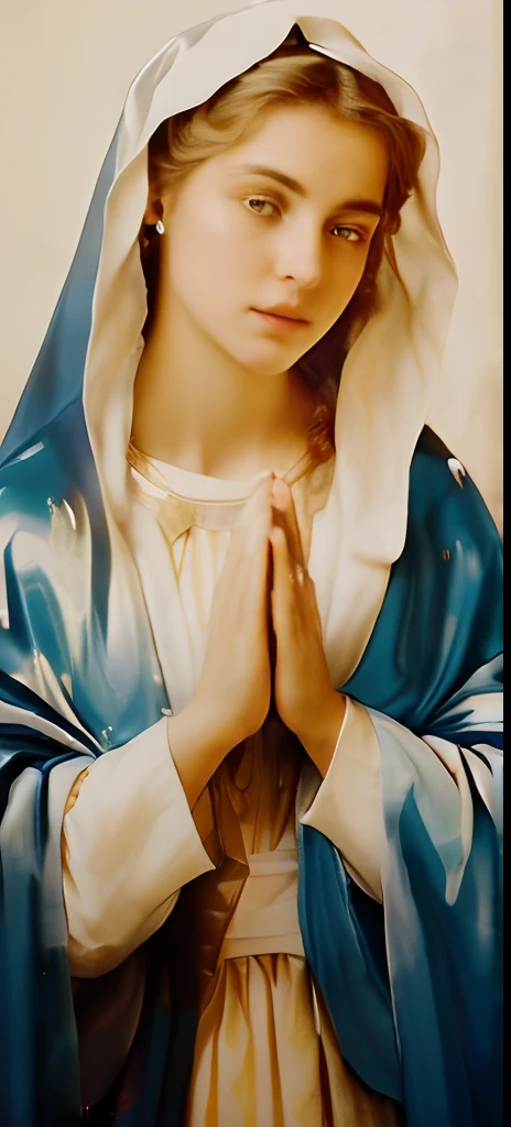 (((Saint Virgin Mary. 19 years old))) ((( Con una cara seria y piadosa. Con una mirada dulce y tierna))) (obra maestra, calidad superior, mejor calidad, arte oficial, beautiful and aesthetic: 1.2), (1girl), extremadamente detallado, (Arte fractal: 1.3), colorido, highest detailed, Cara perfecta, parte superior del cuerpo, HDR, (orando: 1.3), (golden lines of white coat: 1.2), galaxia, (rayas de luz), eye-catching visuals, (dynamic stripes, senderos luminosos: 1.2), colores vibrantes,