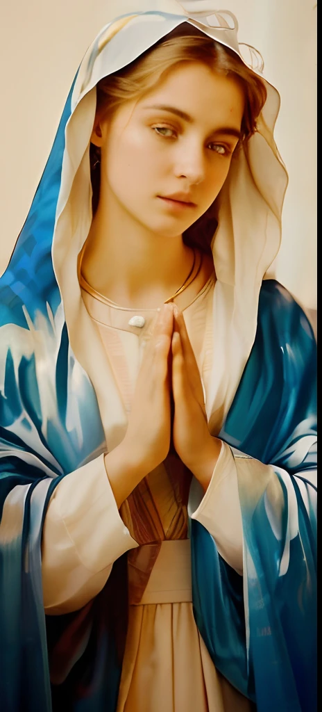 (((Saint Virgin Mary. 19 years old))) ((( Con una cara seria y piadosa. Con una mirada dulce y tierna))) (obra maestra, calidad superior, mejor calidad, arte oficial, beautiful and aesthetic: 1.2), (1girl), extremadamente detallado, (Arte fractal: 1.3), colorido, highest detailed, Cara perfecta, parte superior del cuerpo, HDR, (orando: 1.3), (golden lines of white coat: 1.2), galaxia, (rayas de luz), eye-catching visuals, (dynamic stripes, senderos luminosos: 1.2), colores vibrantes,