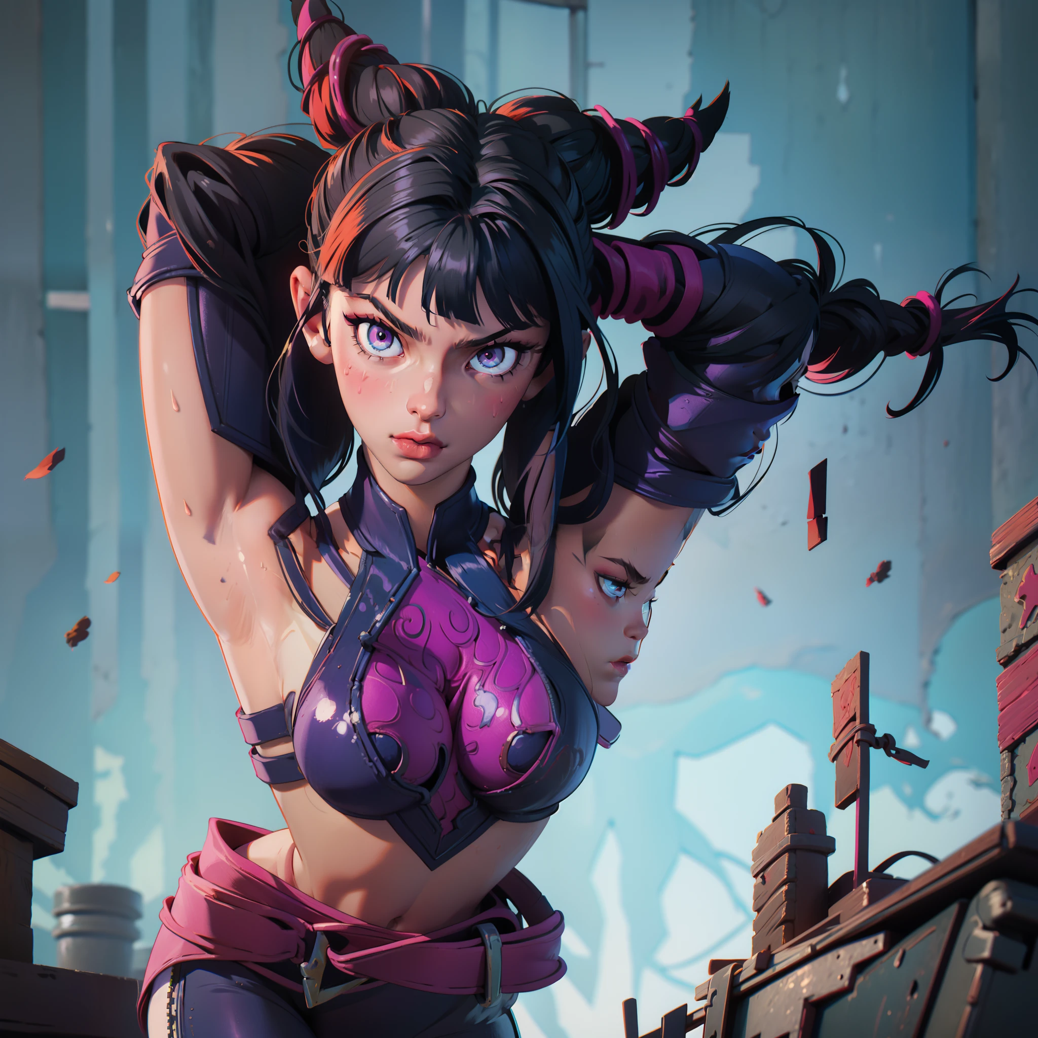 masterpiece, look at viewer, Juri from street fighter, perfect detailed eyes, sexy breast, fitness body, dark ally in background, black hair,streetfighter,best quality, 4k resolution, official, detailed background, detailed face, detailed eyes, looking at viewer, , sfiv, hair horns, white baggy pants, bangs, soft lighting, arms behind head, arms up, armpit, sweat, sweaty, sweaty armpit