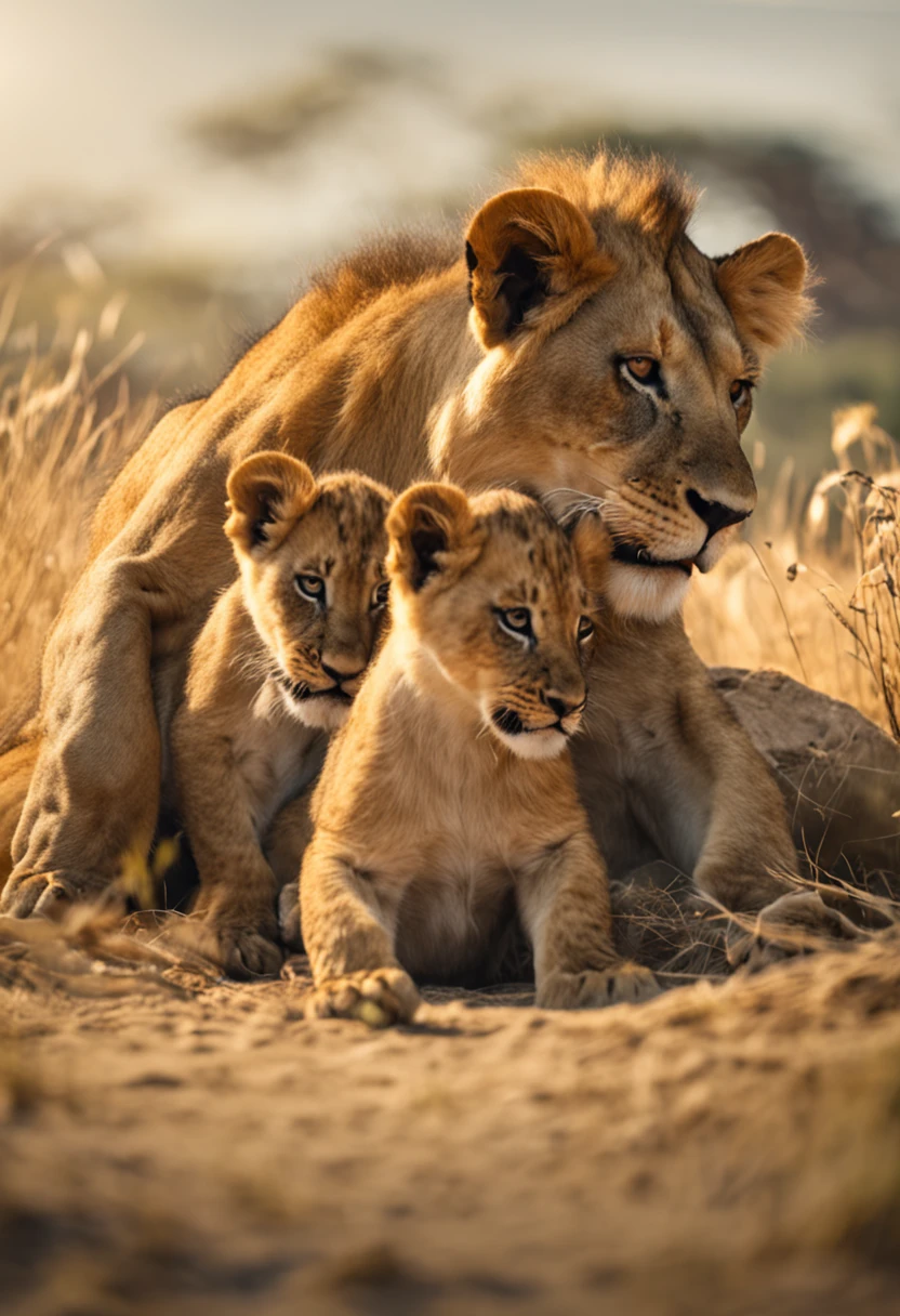 The lion cub sits with his family，Have fun frolicking and laughing