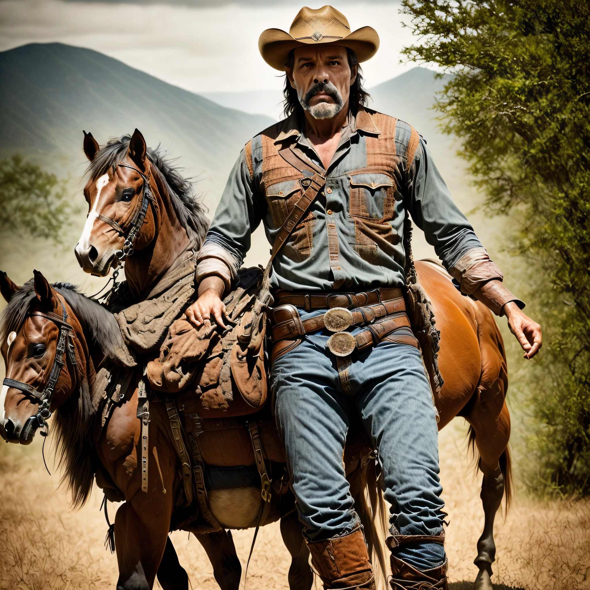Araffe man in a cowboy hat and plaid shirt mounted on a horse, Roupas ocidentais, estilo vaqueiro, Cowboy barbudo, Cowboy na Faixa, retrato do vaqueiro, Vaquero mexicano, vaqueiro retrato masculino, gray hair and a cowboy hat, vaqueiro, Retrato de um vaqueiro, Tema Cowboy, foto ainda, cavaleiro, andar a cavalo, Arte ocidental