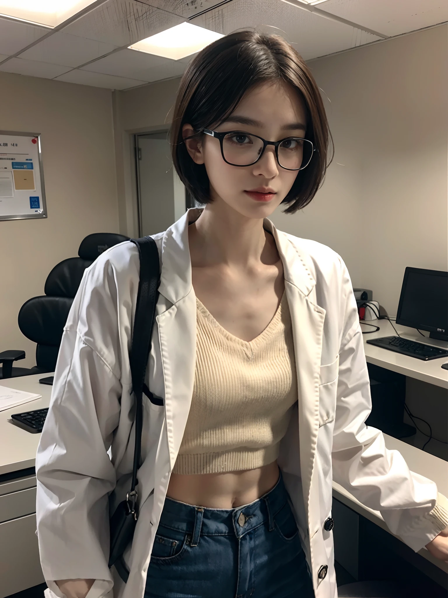 ((smallunderboob,Tomboyish,small heads)), (Well-defined abs: 1.1), (perfect bodies: 1.1), (short-length straighthair: 1.2), Black hair,Wearing glasses， fully body photo, Wear a white vest，doctor outfit，（Long white coat：1.2），Loose plaid trousers，（极其细致的CG 8k壁纸），（Extremely refined and beautiful），（tmasterpiece），（best qualtiy：1.0），（超A high resolution：1.0），beautiful light up，Perfect lightning，realistic shaded，[A high resolution]，Delicate skin，ultra - detailed ，in hospital，in a office