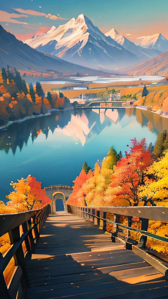 There is a painting of a bridge leading to an alpine lake, Beautiful image, detailed scenic view,beautiful anime scenes, beautiful anime scenery, hyperrealistic fall, landscape artwork, rich picturesque colors, anime beautiful peace scene, Scenic Colorful Environment, Beautiful nature, Colorful scene, Anime landscapes, very beautiful scenery, Beautiful place, stunning images