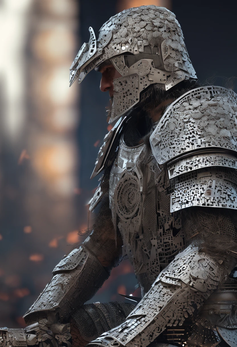 warrior, ASCII art design armor, intricate design, photorealistic, 8k ultra graphics
