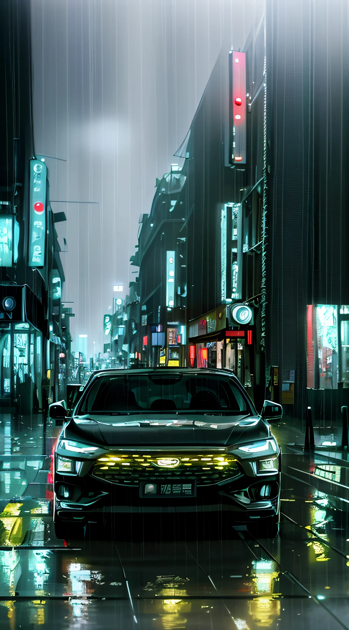 There was a car parked on the street in the rain, city at night in the rain, automotive photography, In the evening rain, rainy night city street, vehicle photography, china town blade runner, at evening during rain, rainy cyberpunk city, rainy streets in the background, The headlights shine neon, auto photography, cinematic front lightning