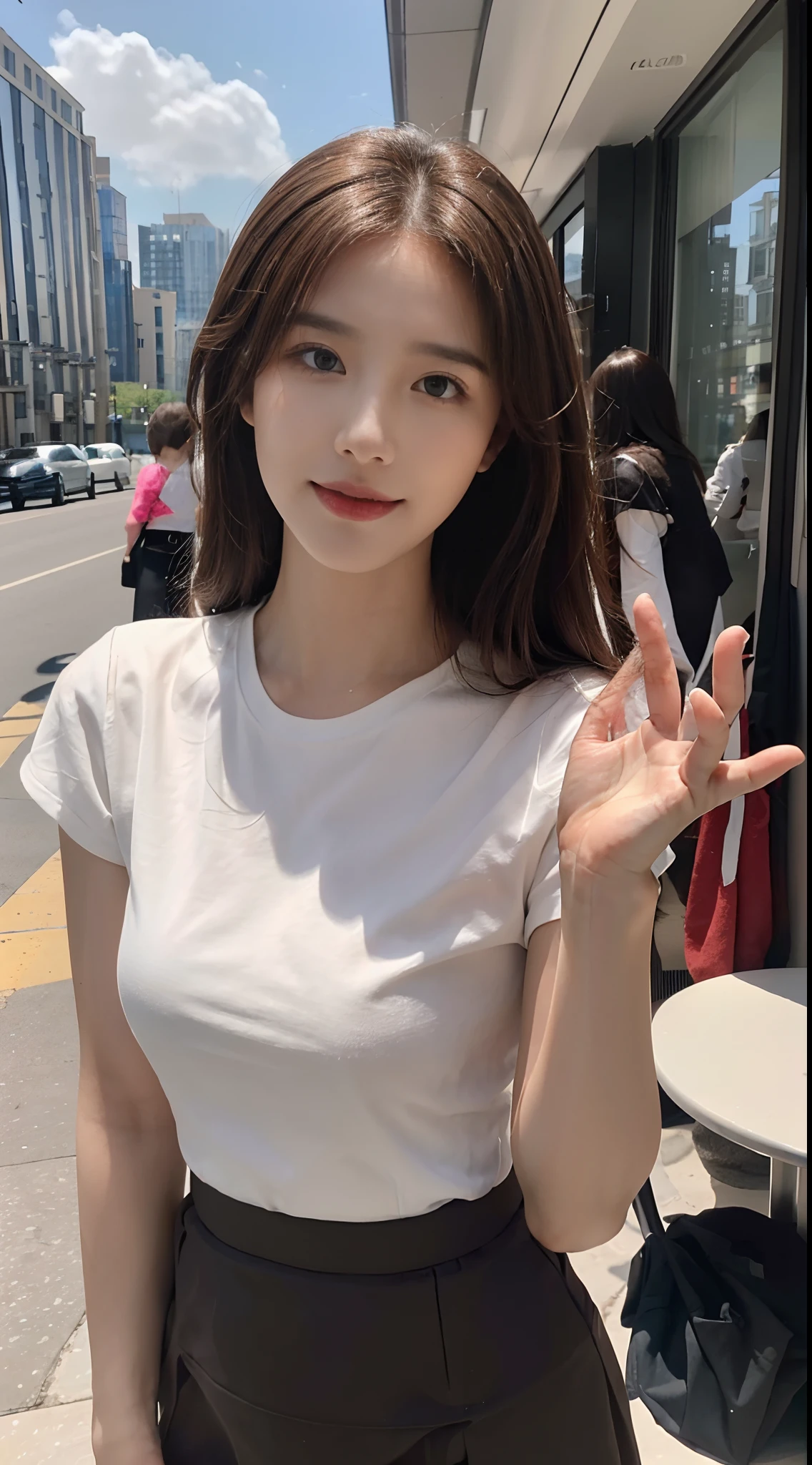 ((Best picture quality, 8K, tmasterpiece: 1.3)), self-shot, Sharp focus: 1.2, A cute beauty with a perfect figure: 1.4, Slim big breasts, ((Brown hair black)) , (whitet-shirt，pleatedskirt，Highly detailed face，Happy expression，standing on your feet：1.2），（（A city with blue skies and white clouds，At the cafe：1.3. Produced with a major focus on women）），Highly detailed facial and skin texture，Detailed eyes，二重まぶた