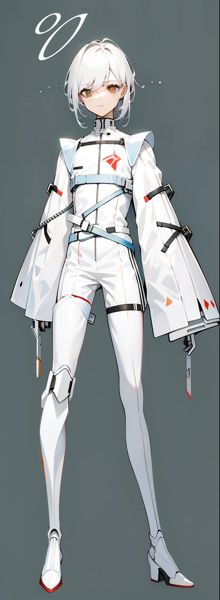 character design,One dressed in white,red peach, glossy white armor, streamlined white armor, sleek white armor, clothing design, clear outfit design, full body concept, sleek streamlined white armor, detailed white armor, full body adoptable, new costume concept design, sleek bright white armor, modern clean white armor, matt white color armor,1 boy,Male,Young man,The right leg is a mechanical prosthesis,droid,white colored eyelashes,White eyes,White color hair