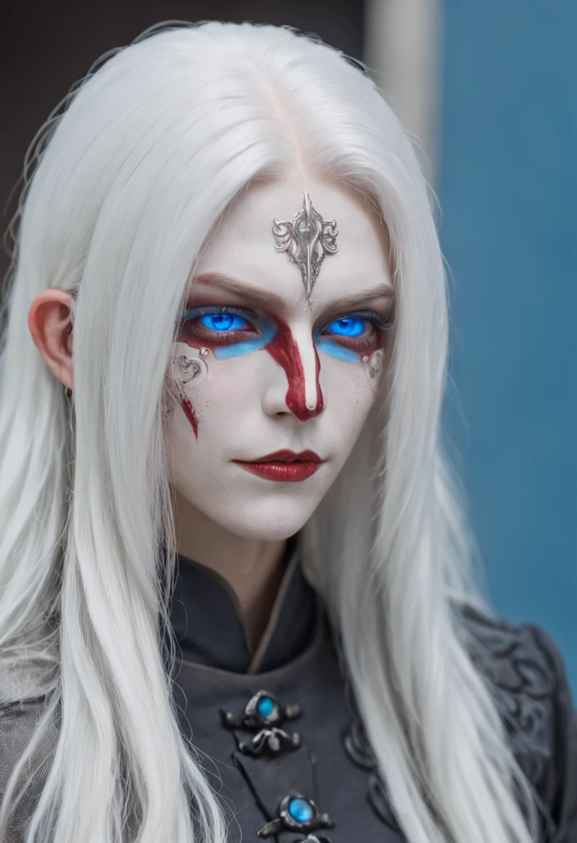 boy, Cyberpunk, wearing mask, long white hair with red highlights, blue eyes, 