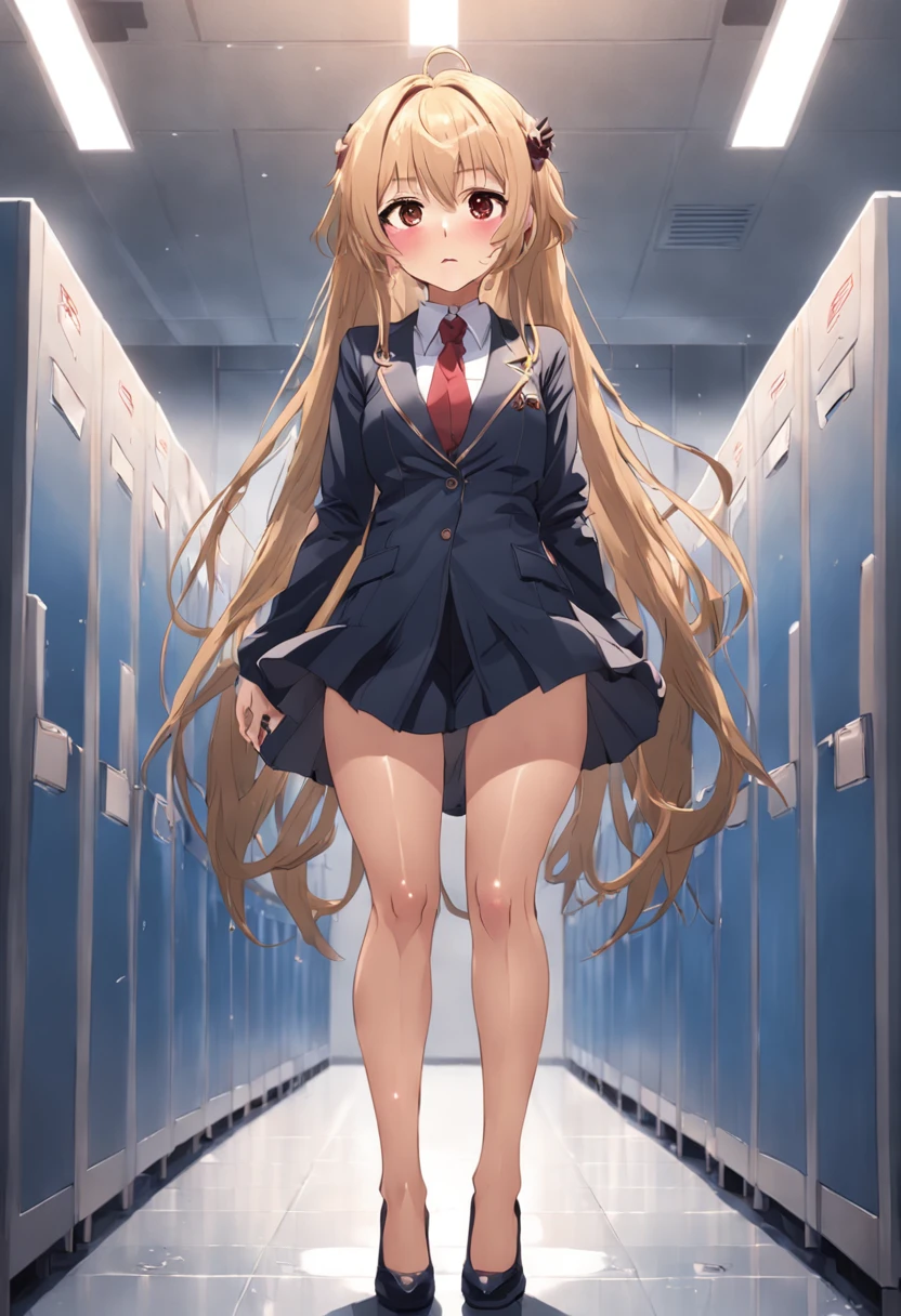 small breasts,(???, child:1),nurse,solo,blue eyes,blonde hair,cat ears,long hair,smile,blush,parted lips,nurse cap,White silk,white shirt,short skirt,miniskirt,bow,Medium Full Shot,depth of field,pleated,Ruffle,no shoes,Blue panties,In the restroom,stand