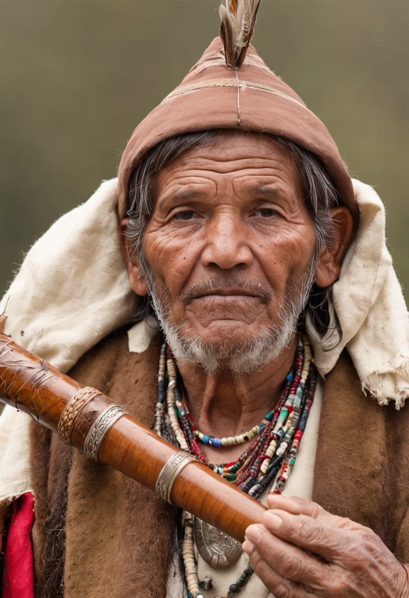 guerreiro indigena do imperio inca, com roupa branca, Walking with a stick over the Andes Mountains, He has a scepter in his hand,detalhado, olhando para camera
