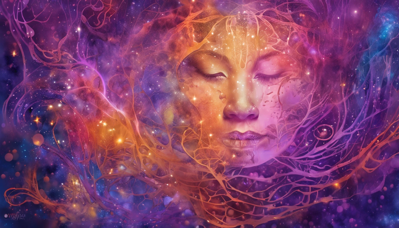 Human face in deep meditation, serenidade, aura brilhante e sutil, universo em roxo e violeta, Stars and galaxies, soft, ethereal clouds, connectedness, roots in the earth, branches to the starry sky, tons amarelados, paz interior, cosmic harmony