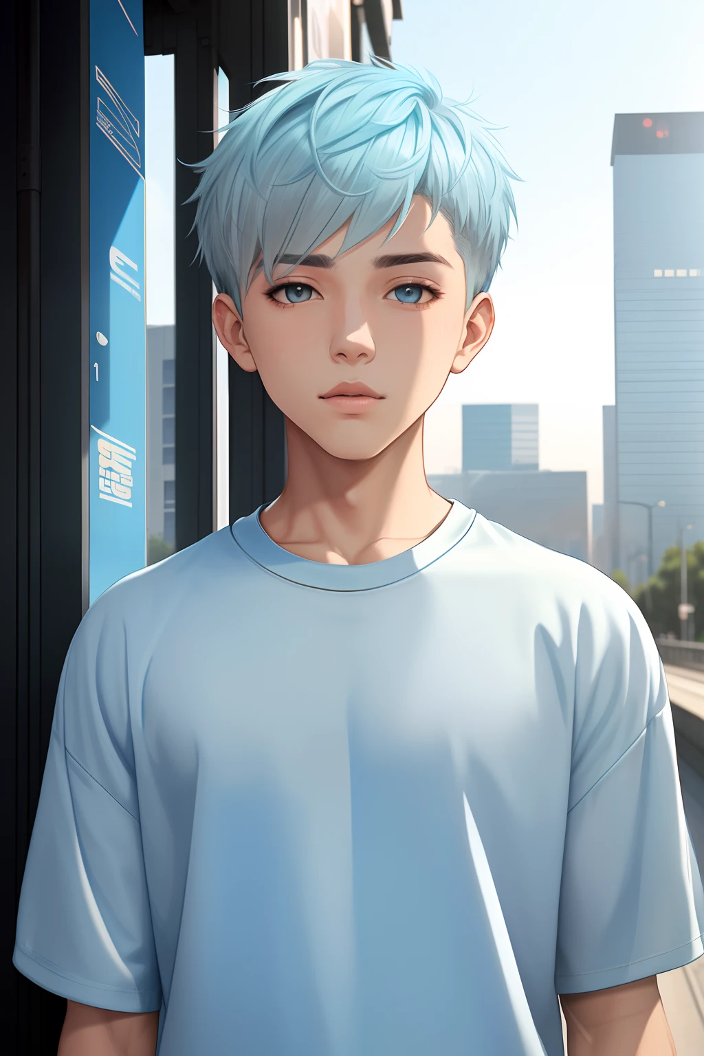 Beautiful boy, half-length portrait, light blue short hair, (streetwear: 1.2), (city background: 1.2), digital art, popular on art station, highly detailed, fine detail, intricate, beautiful, detailed shine, detail , cinematic light, high, precise facial features, sharp focus, smooth, aesthetic, shirtless