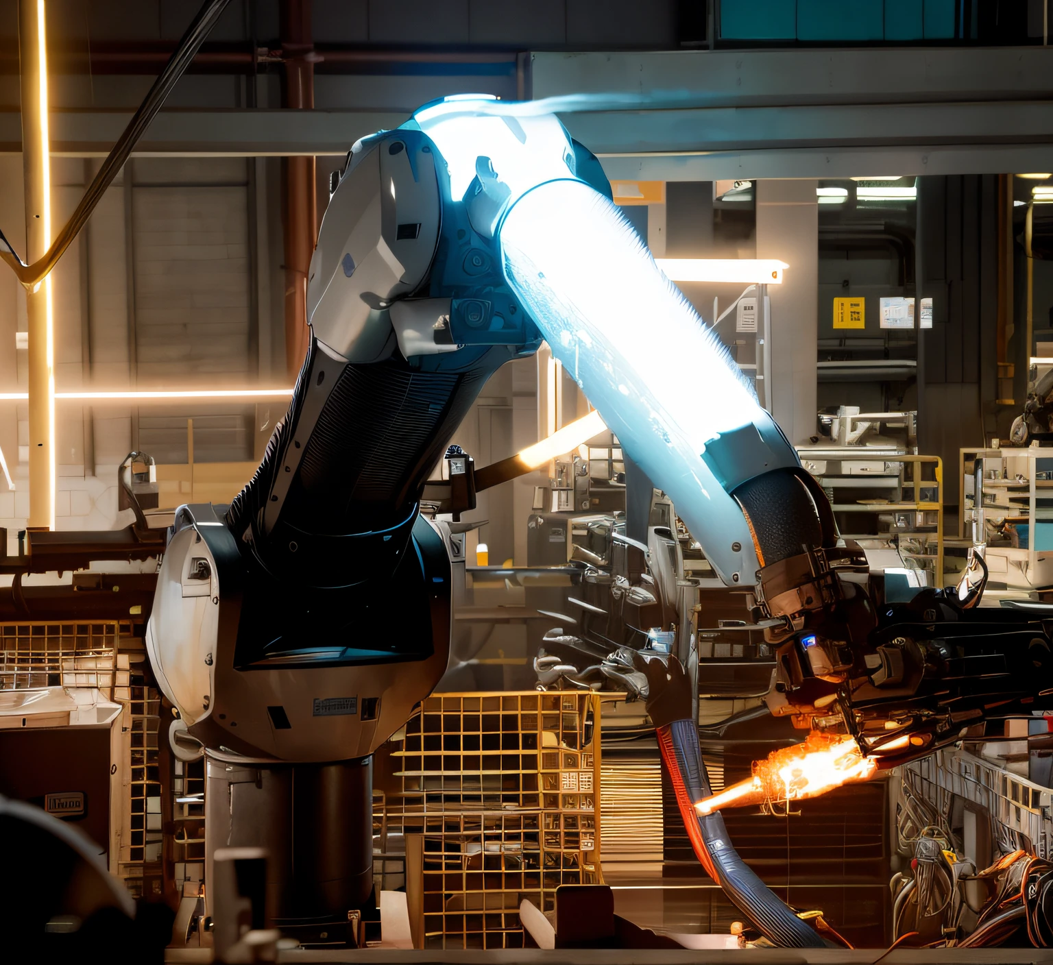 Close-up of robot with welding rod in factory, industrial robot, huge machine robot, robot machinery, machine arm, industrial robot, robot machinery, Robotic arm, extended robotic arms, one arm of the robot body, with robotic arms, robotic extended arms, with robotic arms, robotic machines, machine arm, mechanical robot body, Robot destruction