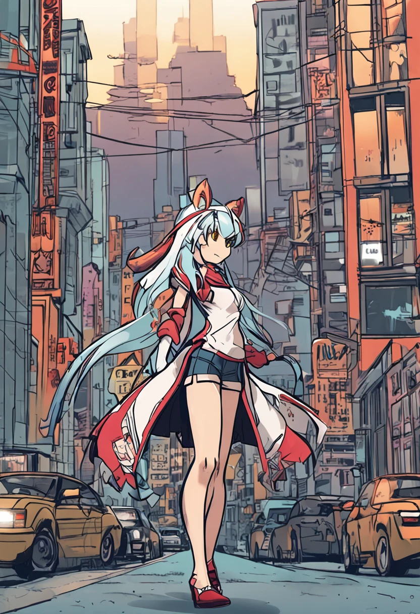 Kohei Horikoshi style(offical), nejire hado, Hado Nejire, Nejire-chan, Nejire Hado in her costume, city, big city, 1girl,