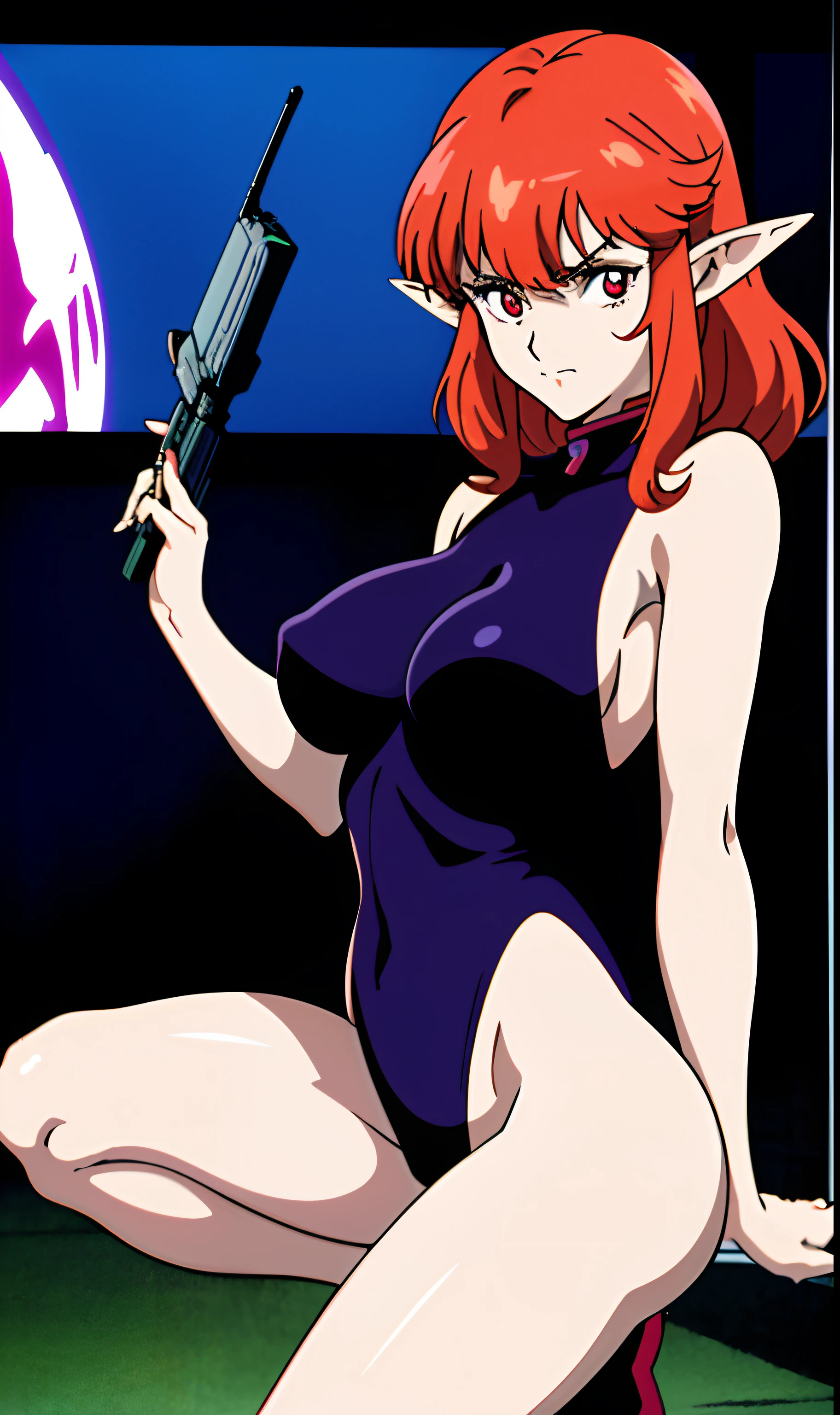 full character, anime sexy elf with guns, spread legs, large breast, evil look, scary forest on the background, retro anime style, 80s anime, 1980s, Katsuhiro Otomo, japan, japanese, still shot from tv, luminous highlights, oddcore, gothcore, neon genesis evangelion, high quality, 80s aesthetic, VHS, television screen scan lines, grainy