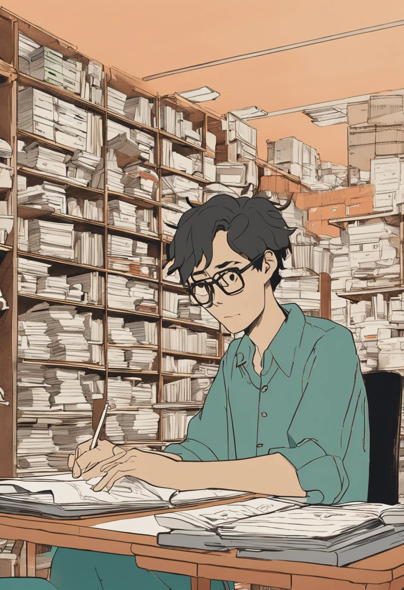 A man with a wide jaw wearing nerdy glasses and protruding cheekbones, and short hair studying at his desk with one's back to one's back, by makoto shinkai and ghibli studio, dramatic lighting, highly detailed, incredible quality