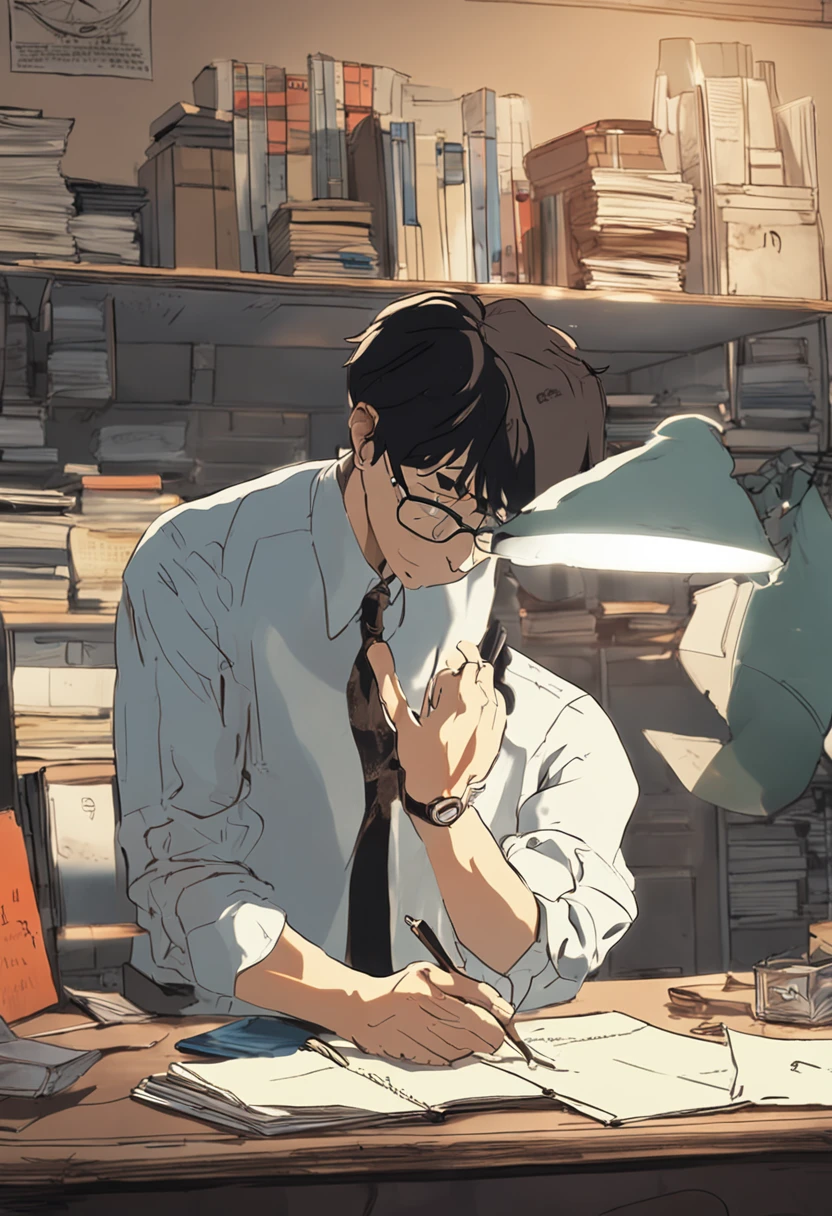 A man with a wide jaw wearing nerdy glasses and protruding cheekbones, and short hair studying at his desk with one's back to one's back, by makoto shinkai and ghibli studio, dramatic lighting, highly detailed, incredible quality