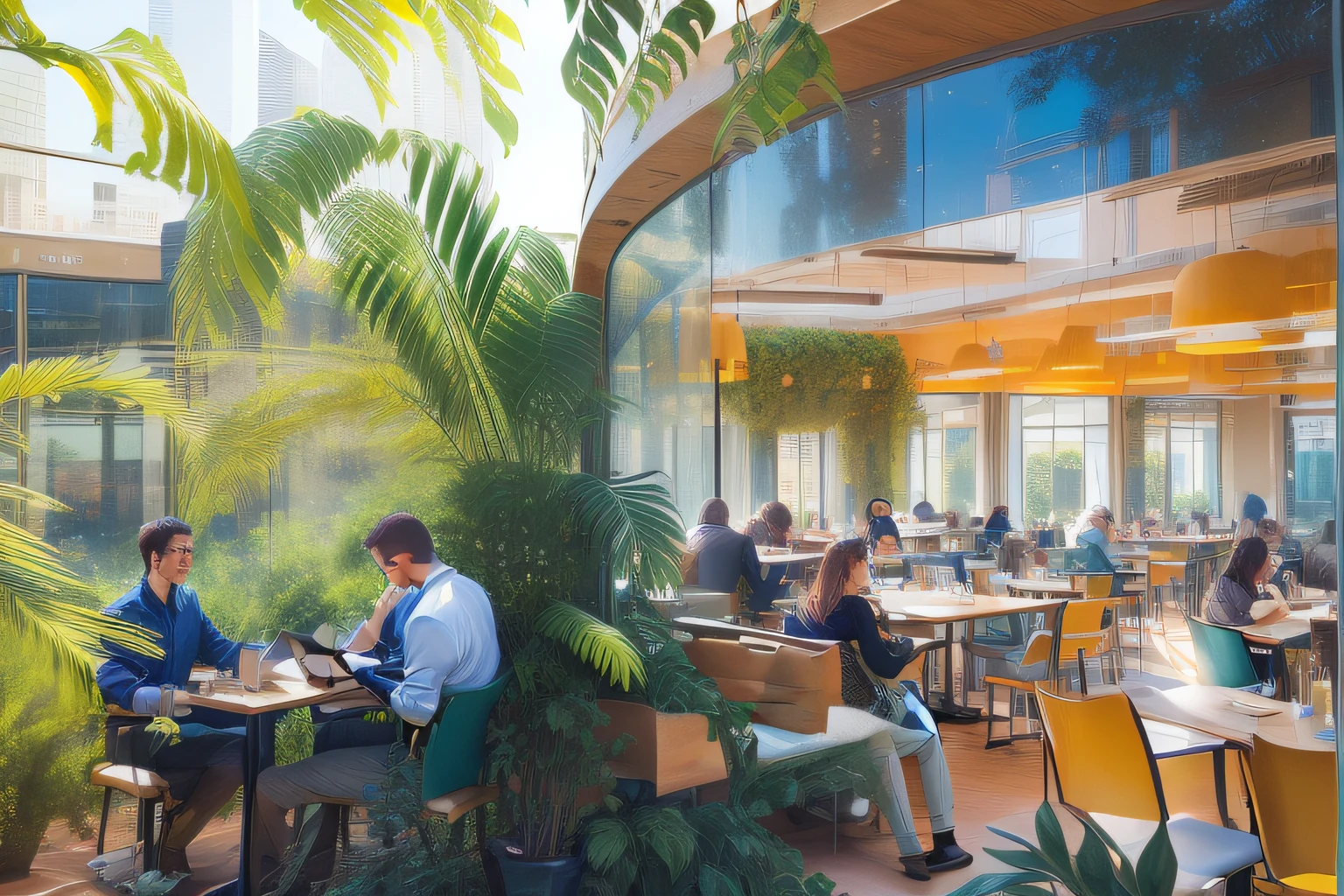 People sit at tables in restaurants with glass walls, author:Jacob Galmain, inside in a glass box, author:Siona Shimshi, solarpunk cantine, author:Emmanuel Witz, california;, author:Sam Dilmans, Biology Hall, oasis in the desert, author:Dietmar Dammelau, lush oasis, author:Luis Miranda, author:Juan O'Gorman;Coworking