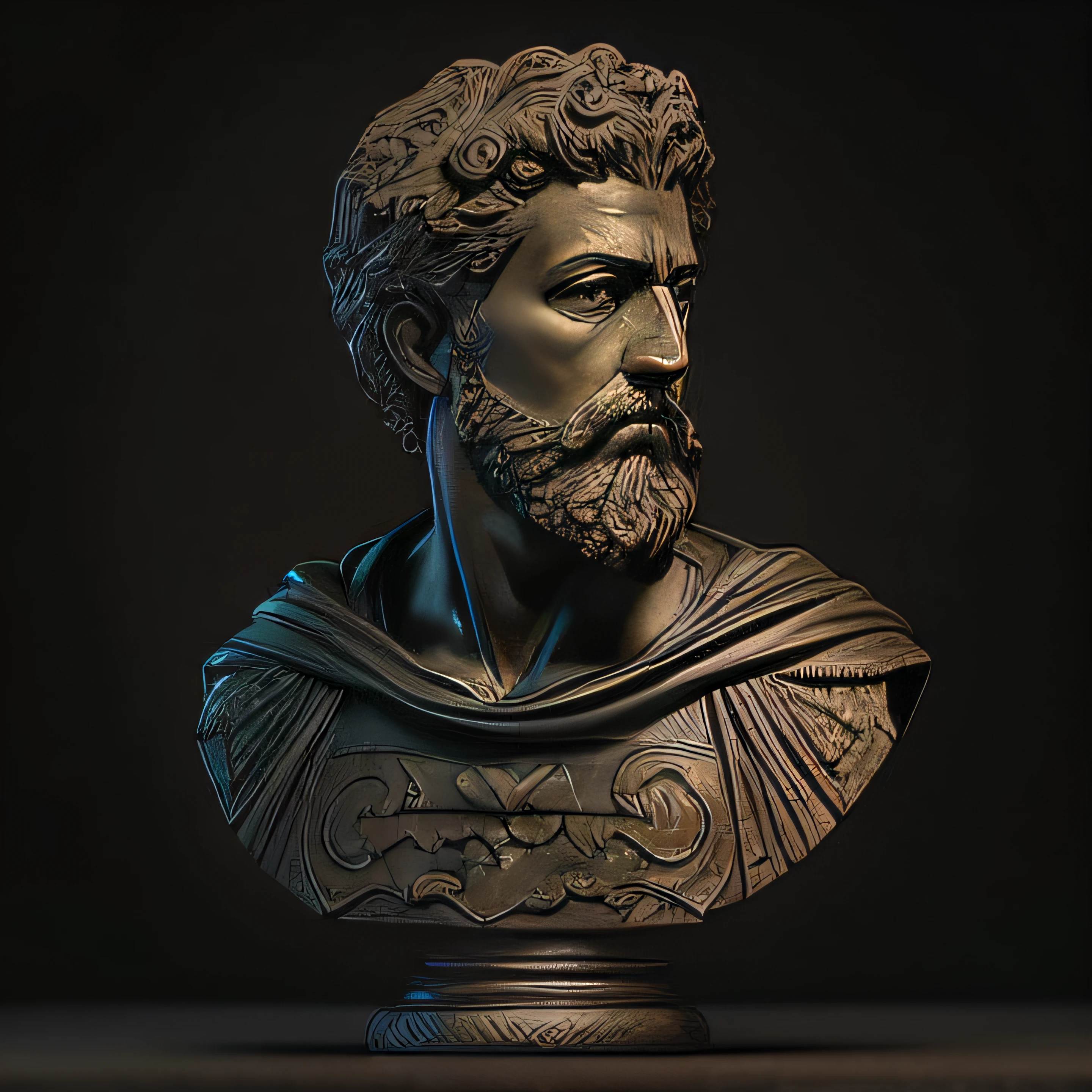 a close up of a bust of a man with a beard, cinematic bust portrait, realistic 8k bernini sculpture, cinematic bust shot, highly detailed sculpture, cinematic close-up bust shot, greco roman statue, roman emperor, bust portrait, high detail iconic character, bust with intricate details, zbrush art, bust with a beautiful neck, bust
