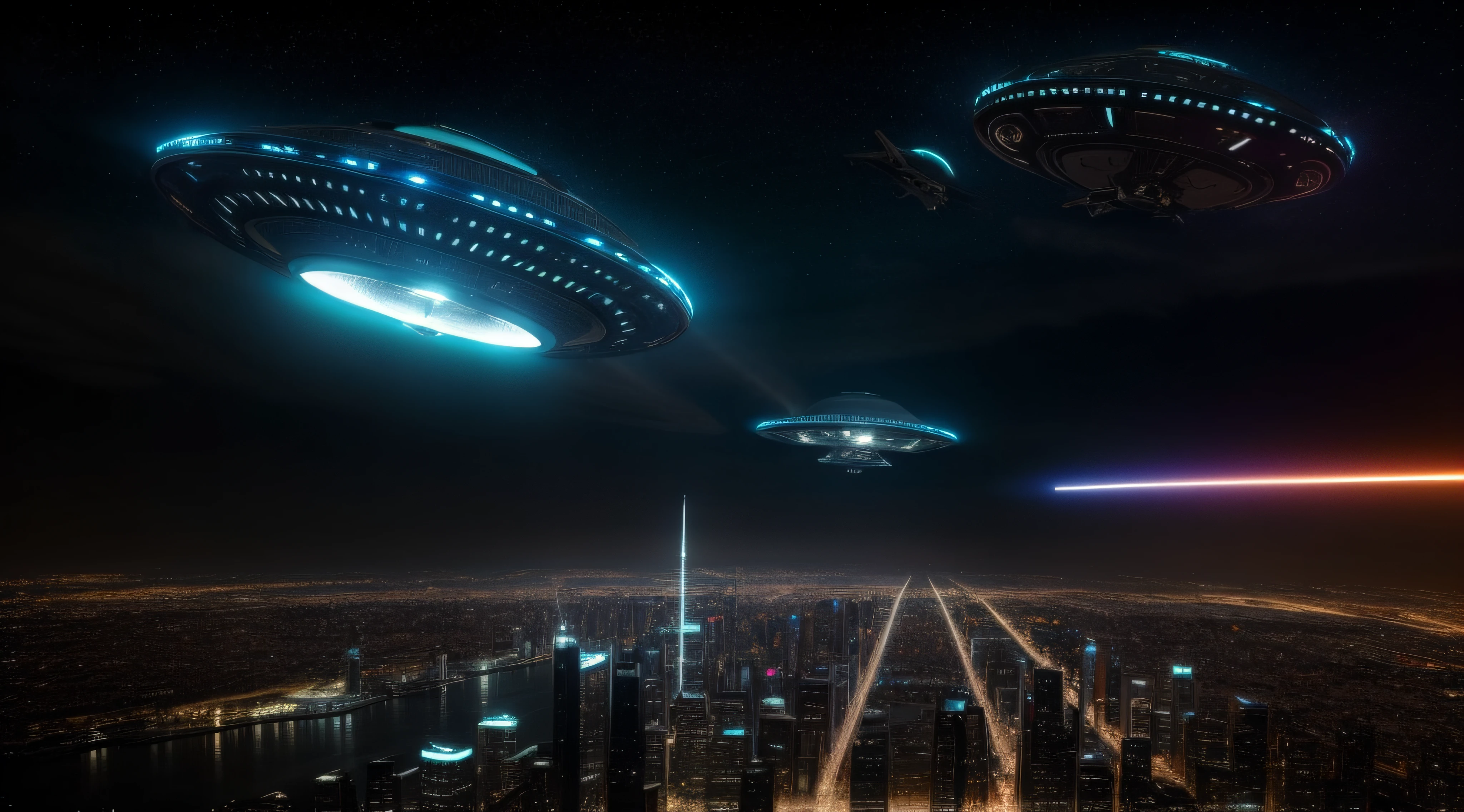 Spaceships fly over cities at night,There are traces of fire, ufo attack, Aliens invade Earth, depicted as a scifi scene, the ufo is over the city, Invasion of Earth time, spaceships flying in background, alien spaceship, the spaceship is on fire, Alien battles in space, ufo landing, spaceships flying above, The spaceship exploded