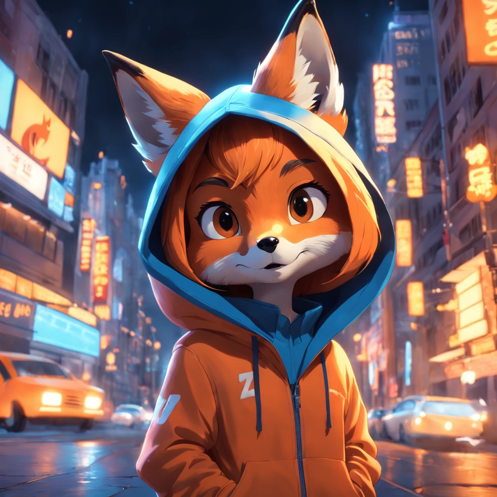 Cute fox in Pixar movie style wearing hoodie , illuminating, Cinematic lighting, 。.3D, borrowed, ultra - detailed, 8K