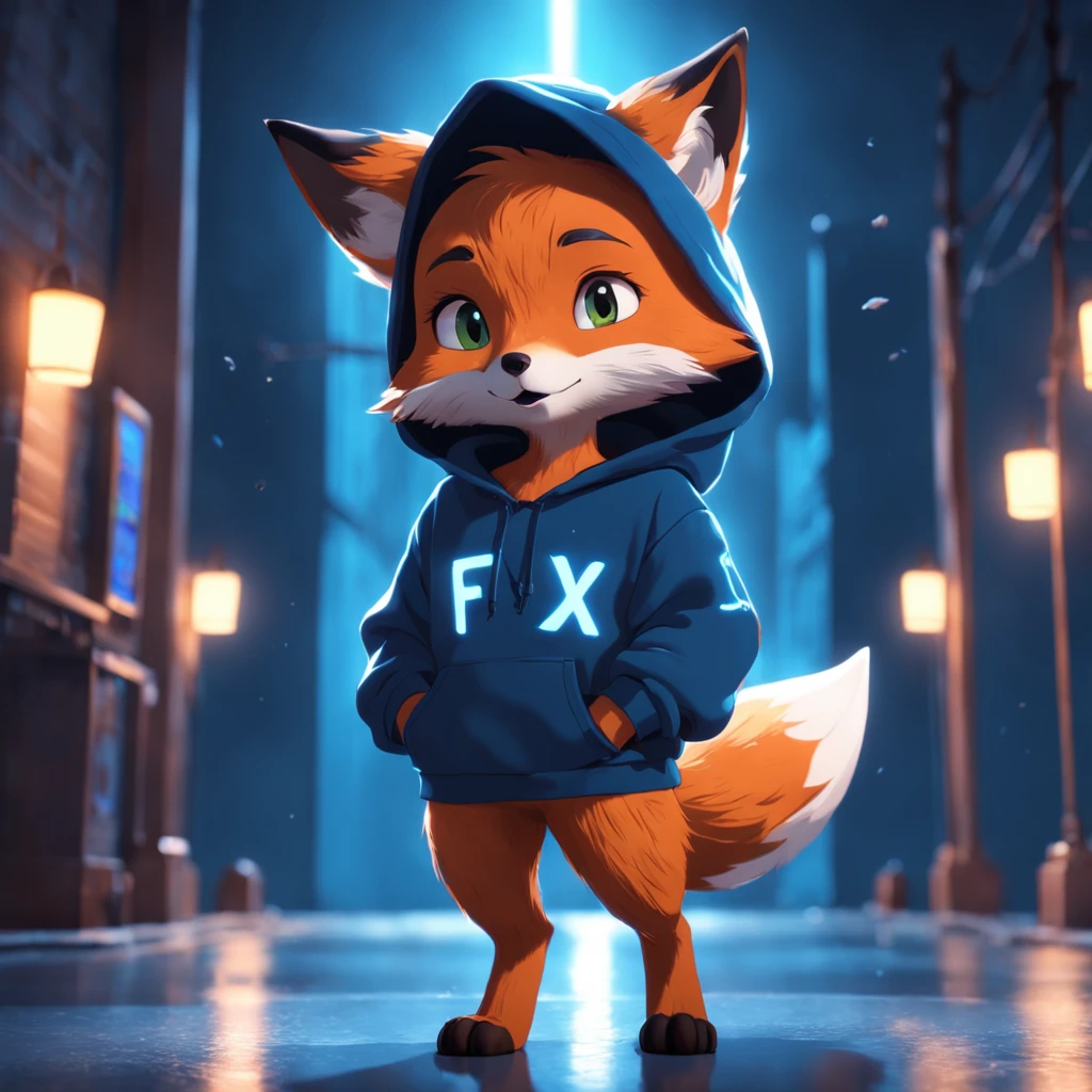 Cute fox in Pixar movie style wearing hoodie , illuminating, Cinematic lighting, 。.3D, borrowed, ultra - detailed, 8K