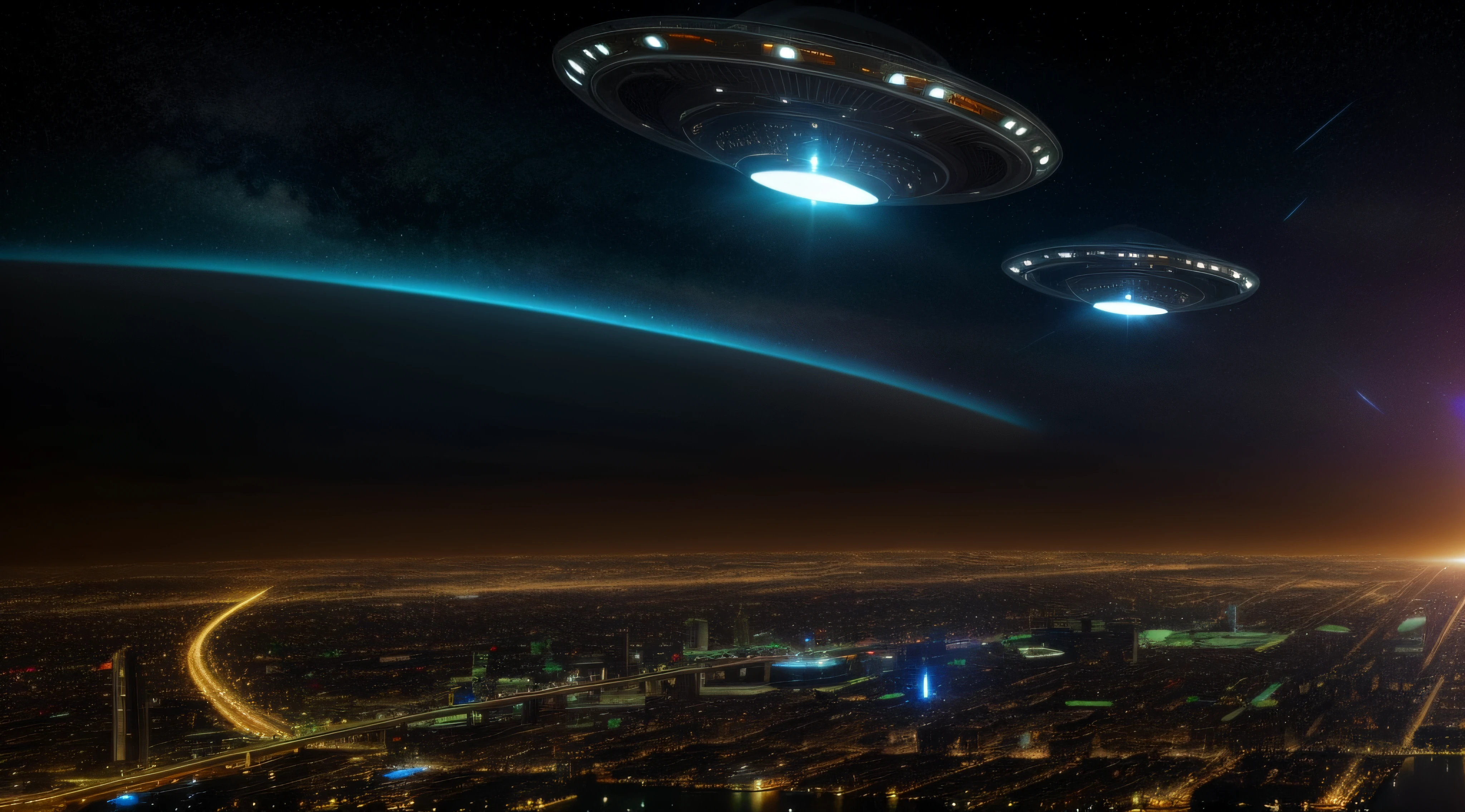 Spaceships fly over cities at night,There are traces of fire, ufo attack, Aliens invade Earth, depicted as a scifi scene, the ufo is over the city, Invasion of Earth time, spaceships flying in background, alien spaceship, the spaceship is on fire, Alien battles in space, ufo landing, spaceships flying above, The spaceship exploded