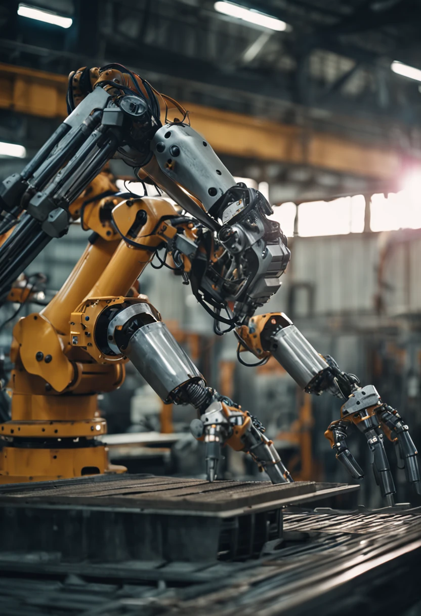 Close-up of robot with welding rod in factory, industrial robot, huge machine robot, robot machinery, machine arm, industrial robot, robot machinery, Robotic arm, extended robotic arms, one arm of the robot body, with robotic arms, robotic extended arms, with robotic arms, robotic machines, machine arm, mechanical robot body, Robot destruction