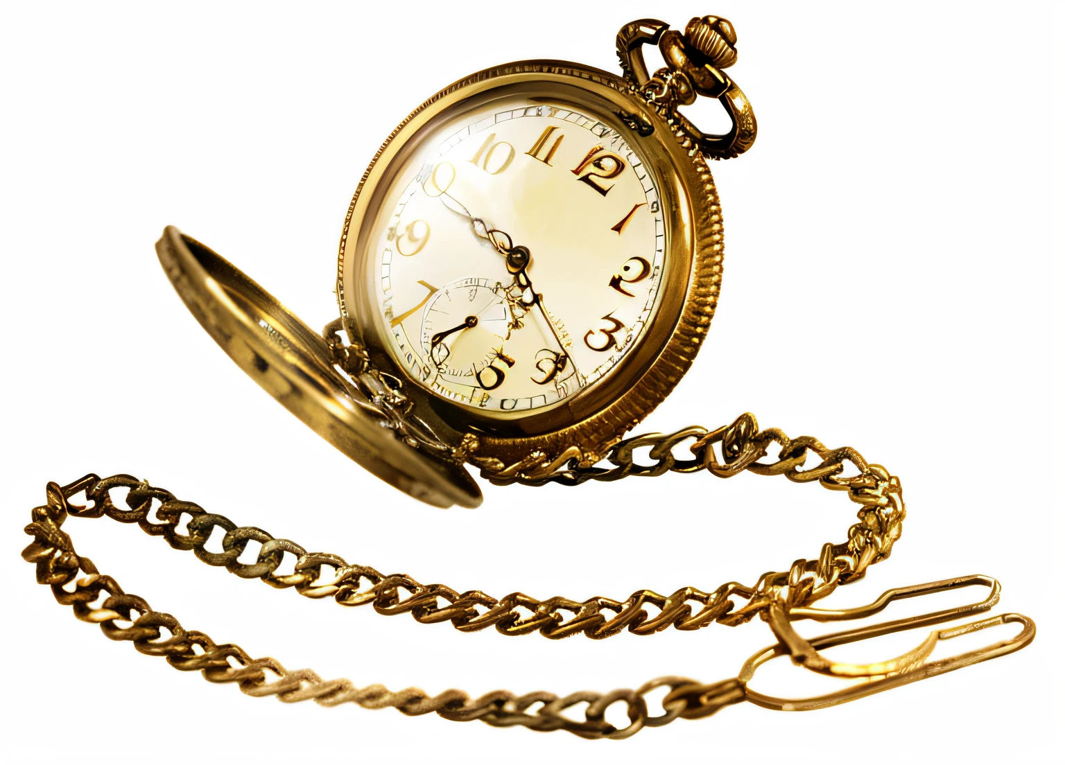 There is a gold pocket watch，There are chains around, pocketwatch, pocket watch, clock, gold watch, Holding a pocket watch, screensaver, everlasting, Clockwork, time, Steampunk watches, View photos, time does not exist anymore, thumbnail, Time is running out, [ [ Hyperrealistic ] ], time consumes us all, its hour come round at last