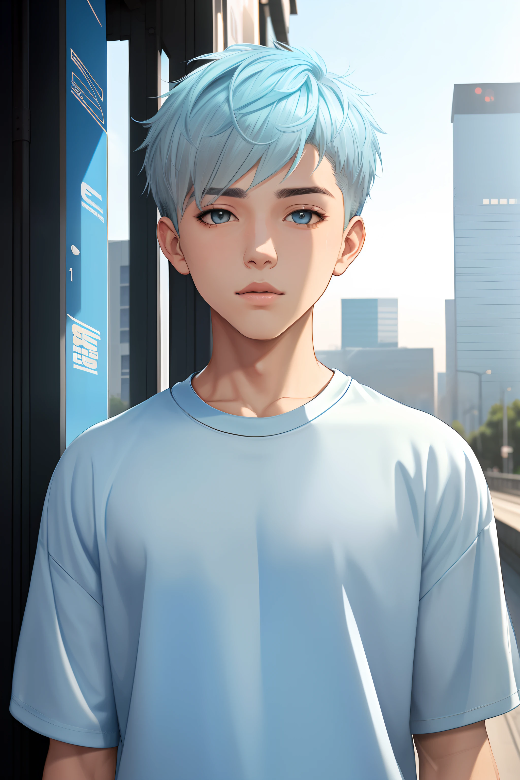 Beautiful boy, half-length portrait, light blue short hair, (streetwear: 1.2), (city background: 1.2), digital art, popular on art station, highly detailed, fine detail, intricate, beautiful, detailed shine, detail , cinematic light, high, precise facial features, sharp focus, smooth, aesthetic, shirtless