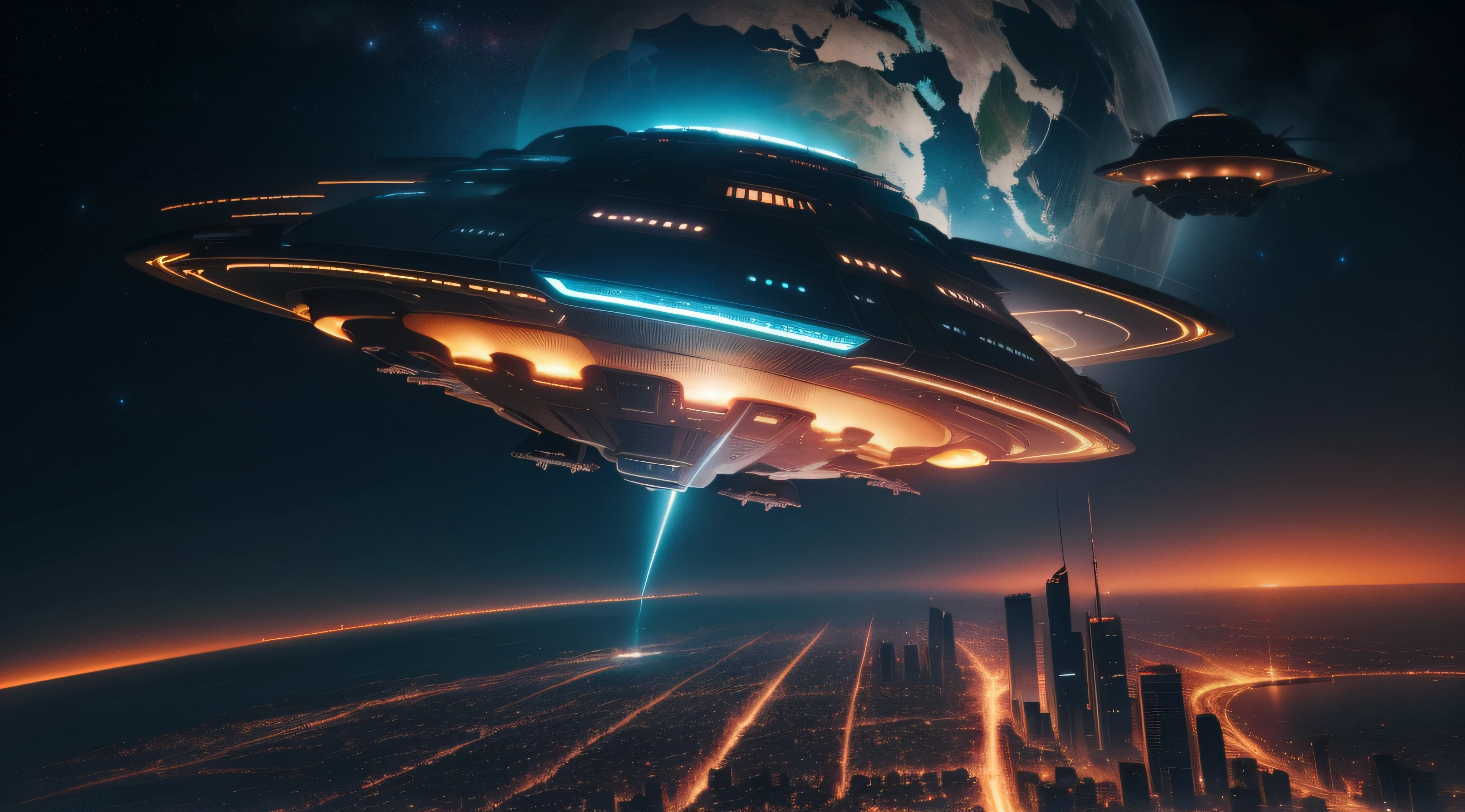 Spaceships fly over cities at night,There are traces of fire, ufo attack, Aliens invade Earth, depicted as a scifi scene, the ufo is over the city, Invasion of Earth time, spaceships flying in background, alien spaceship, the spaceship is on fire, Alien battles in space, ufo landing, spaceships flying above, The spaceship exploded