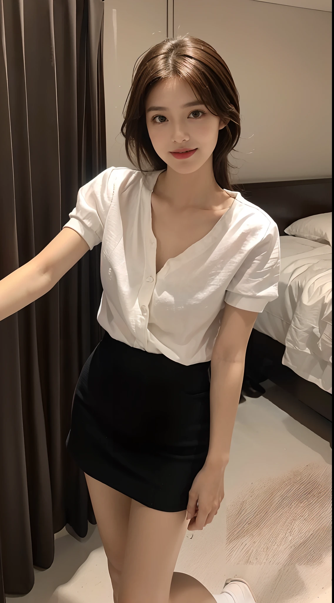 ((Best picture quality, 8K, tmasterpiece: 1.3)), self-shot, Sharp focus: 1.2, A cute beauty with a perfect figure: 1.4, Slim, ((Brown hair black)) , (whitet-shirt,pleatedskirt,Highly detailed face,Happy expression,standing on your feet:1.2),((The city of blue skies,simple bedrooms:1.3. Produced with a major focus on women)),Highly detailed facial and skin texture,Detailed eyes,二重まぶた