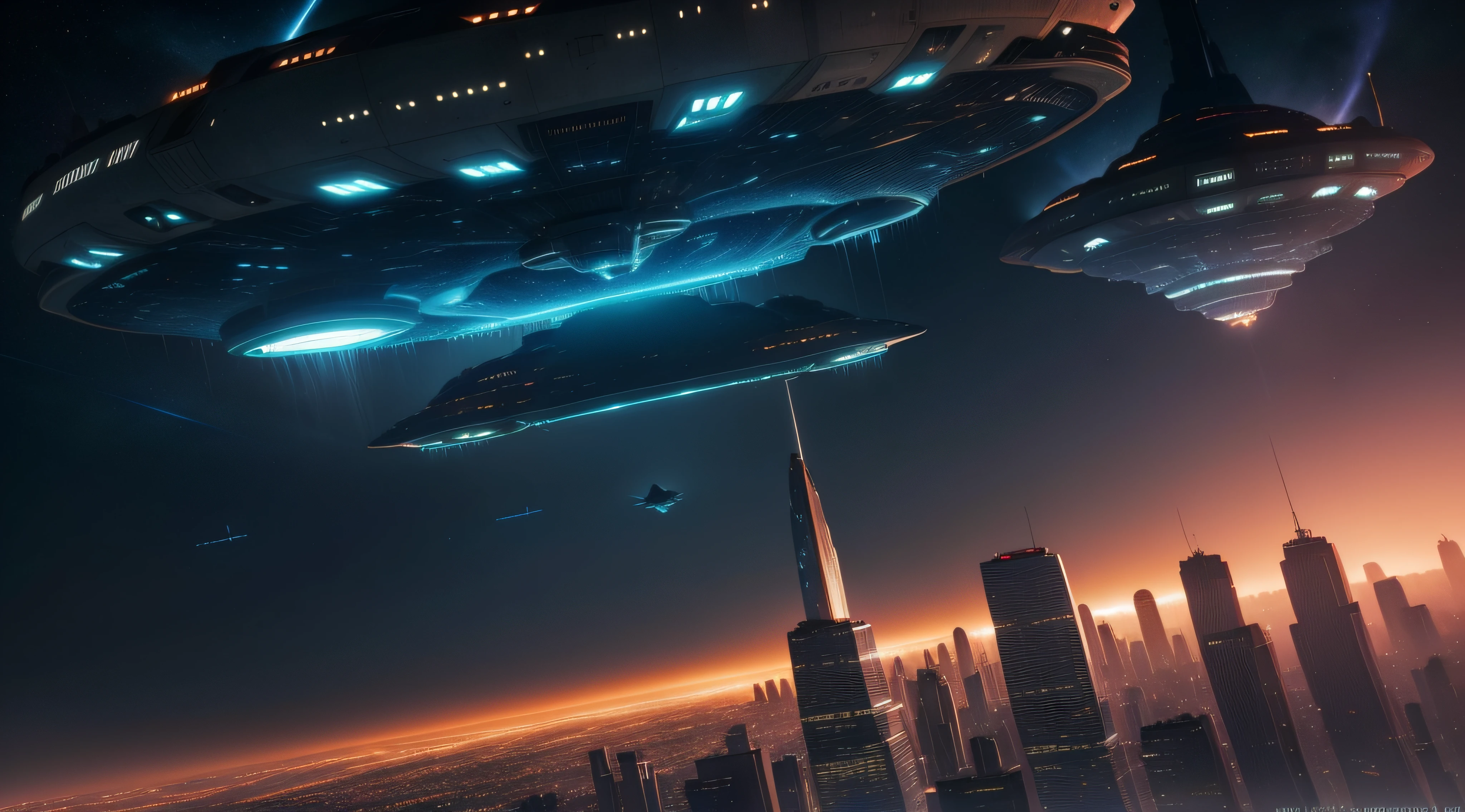 Spaceships fly over cities at night,There are traces of fire, ufo attack, Aliens invade Earth, depicted as a scifi scene, the ufo is over the city, Invasion of Earth time, spaceships flying in background, alien spaceship, the spaceship is on fire, Alien battles in space, ufo landing, spaceships flying above, The spaceship exploded
