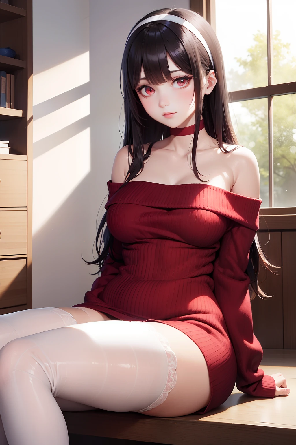 masutepiece、Yol Brier　A dark-haired、Longhaire、side locks　sharp eye、big eye、Beautiful skin、beautiful countenance、Red Eyes　off shoulders、Red knitted dress、Off-shoulder knitwear、White headband、Gold Cord、pantyhose　Tall lady　Adult Pose　Background with、window