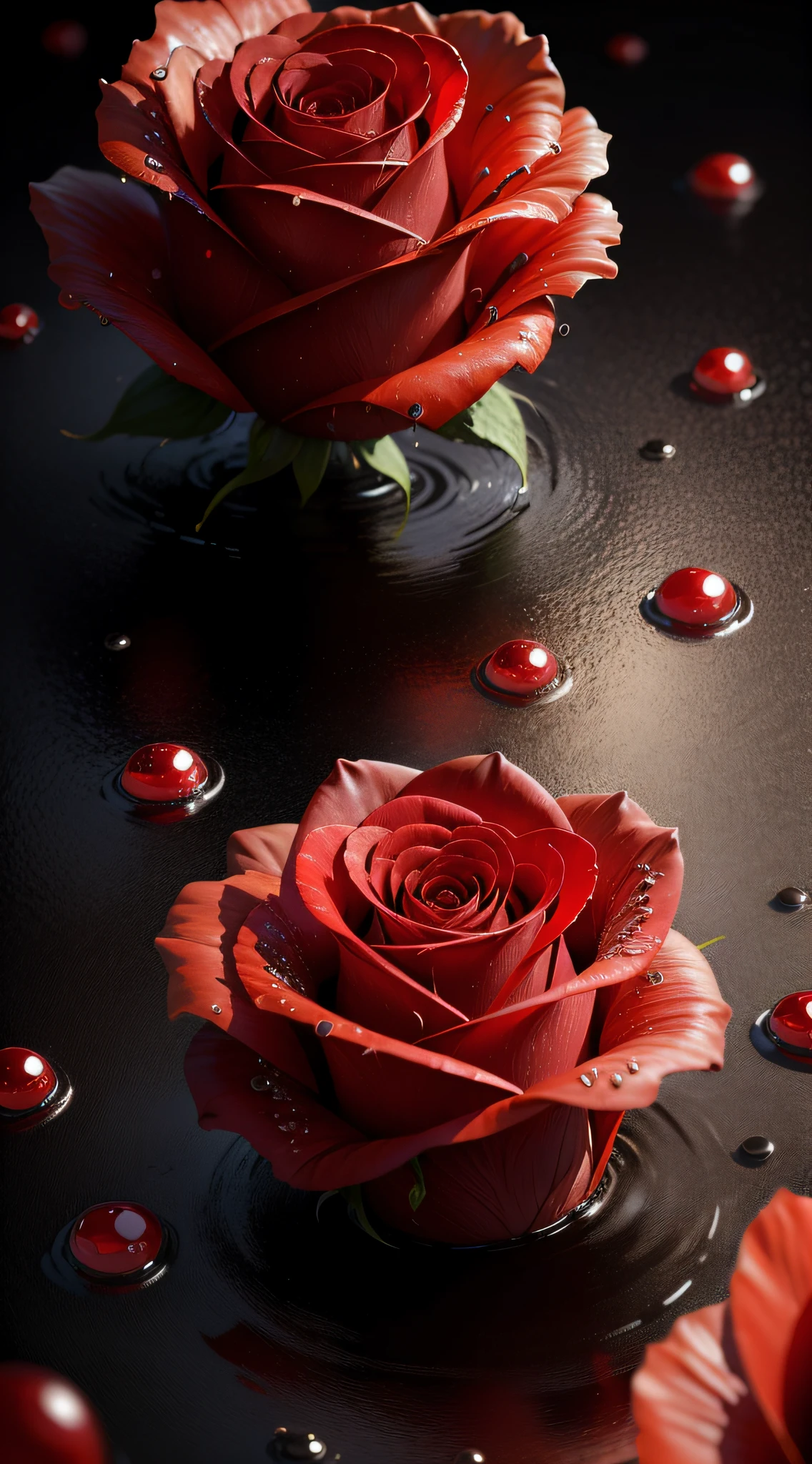 best qualtiy，8k，Focus：Macro，The light source：Top left，A red rose，The petals have transparent water droplets，Background Black