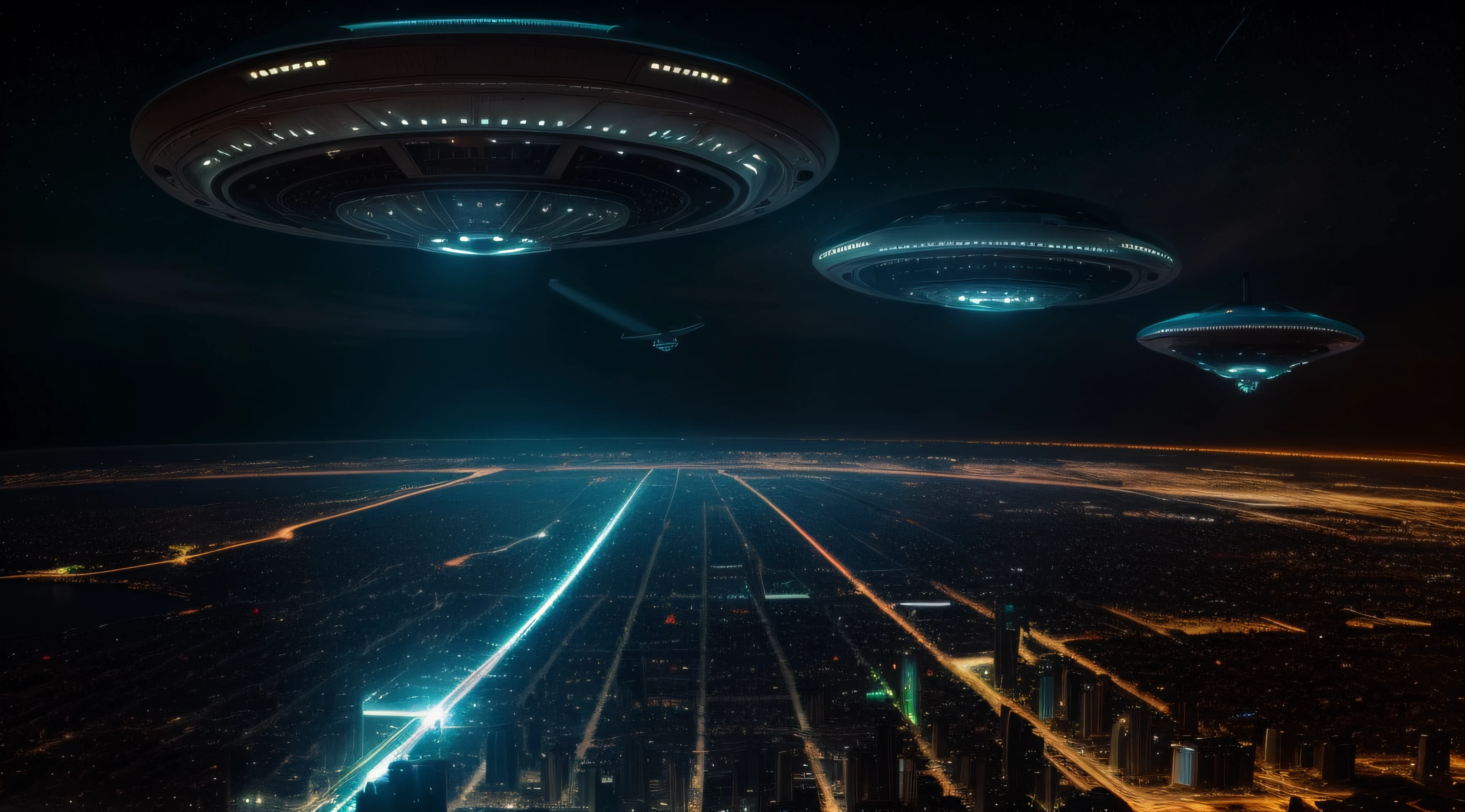 Spaceships fly over cities at night,There are traces of fire, ufo attack, Aliens invade Earth, depicted as a scifi scene, the ufo is over the city, Invasion of Earth time, spaceships flying in background, alien spaceship, the spaceship is on fire, Alien battles in space, ufo landing, spaceships flying above, The spaceship exploded