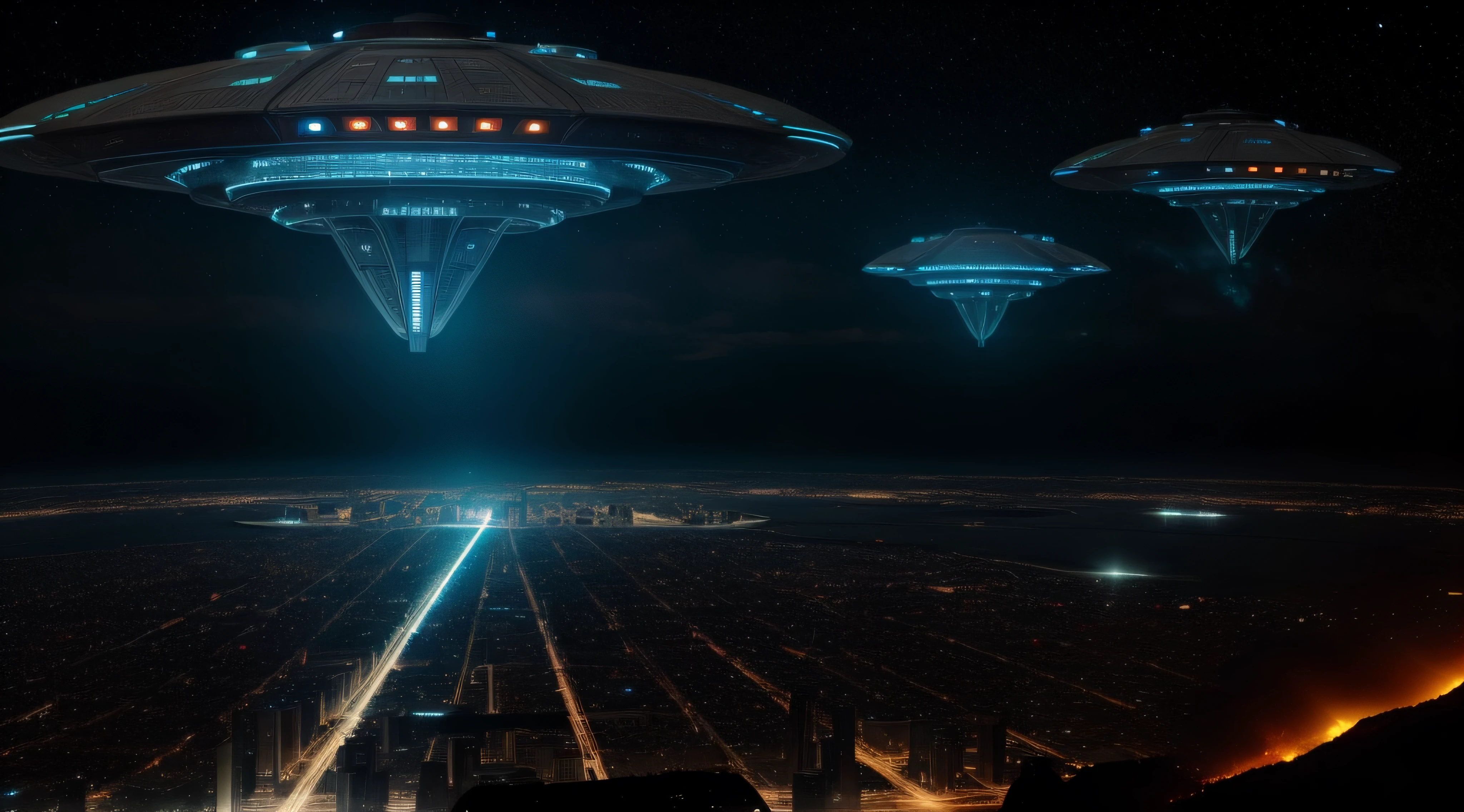 Spaceships fly over cities at night，There are traces of fire, ufo attack, Aliens invade Earth, depicted as a scifi scene, the ufo is over the city, Invasion of Earth time, spaceships flying in background, alien spaceship, the spaceship is on fire, Alien battles in space, ufo landing, spaceships flying above, The spaceship exploded