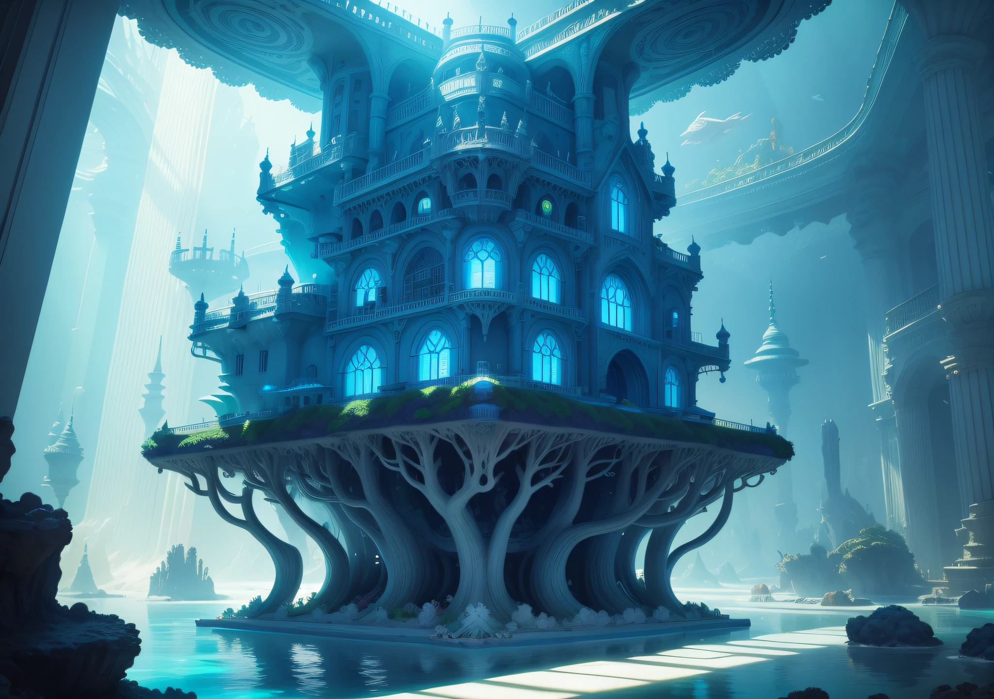Undersea Palace, Fluorescent colorful plants, White coral, Blue light rays, Distant view,fantasy,intricately details,8K,Ultra HD,--no people,The entire structure of the building is clearly displayed