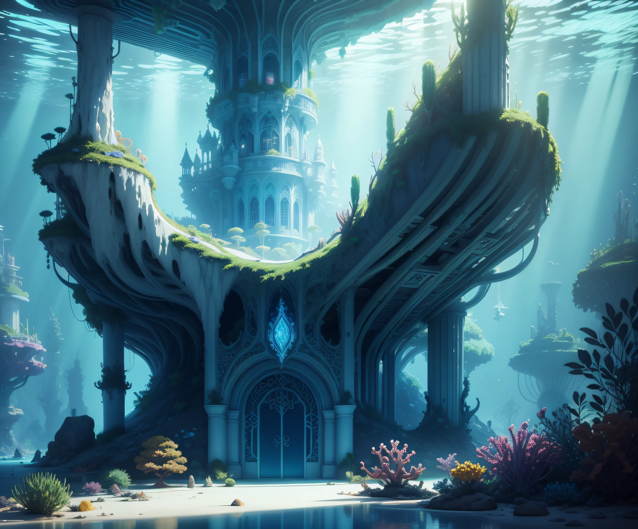 Undersea Palace, Fluorescent colorful plants, White coral, Blue light rays, Distant view,fantasy,intricately details,8K,Ultra HD,--no people