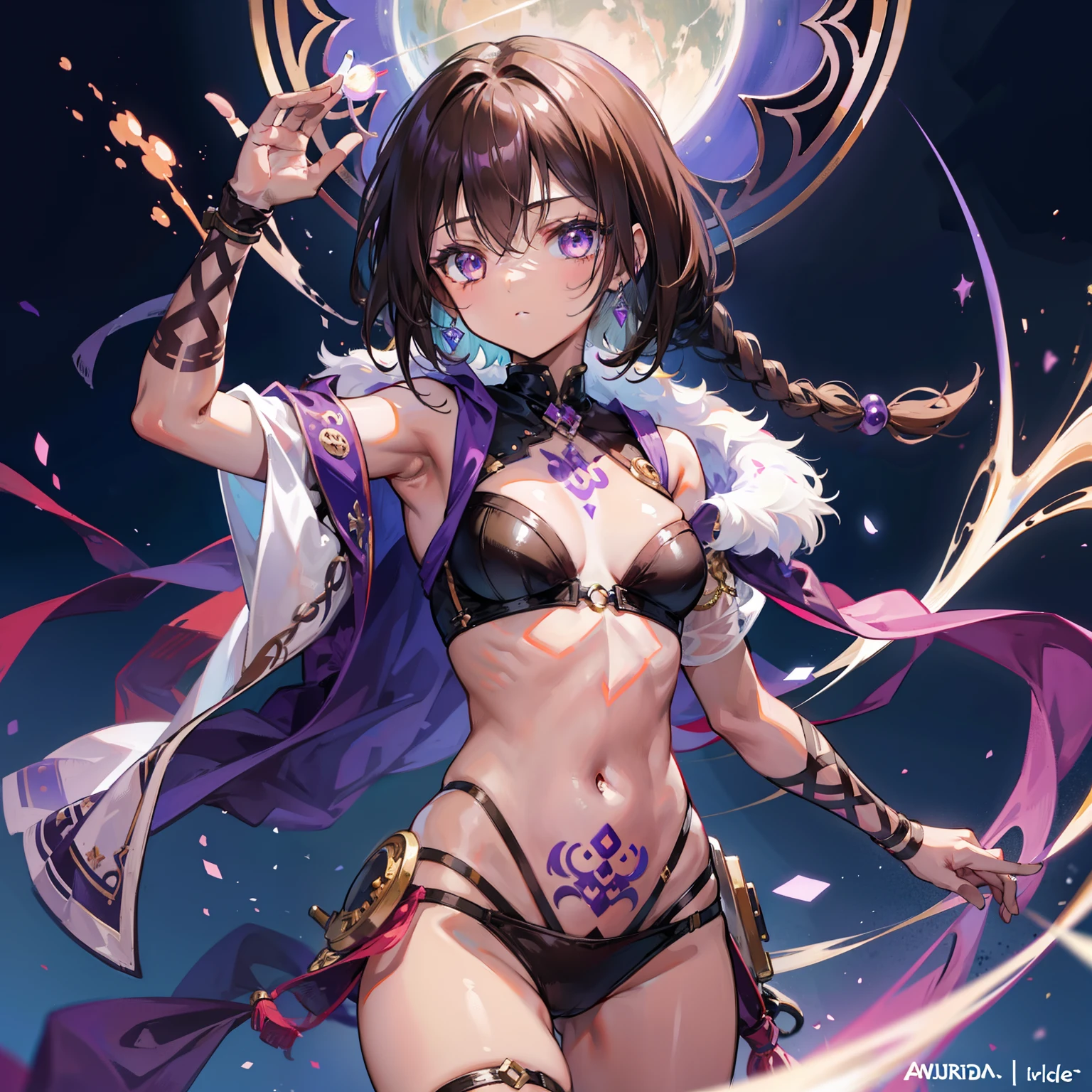 A brown-skinned puppet girl with purple runes engraved on her body