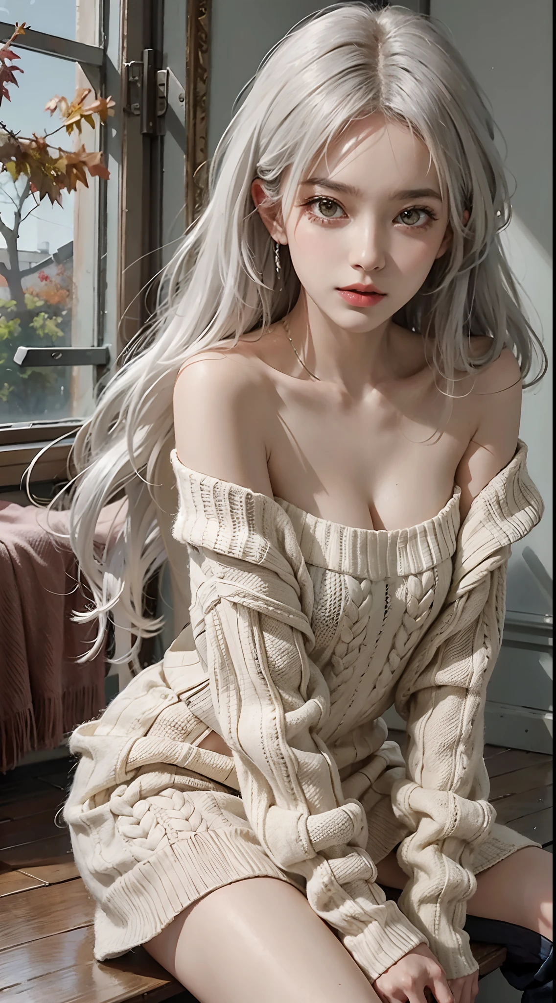 mid-shot, a beautiful woman looking into camera, white hair, off shoulder sweater by Chris Foss autumn lights, long hair