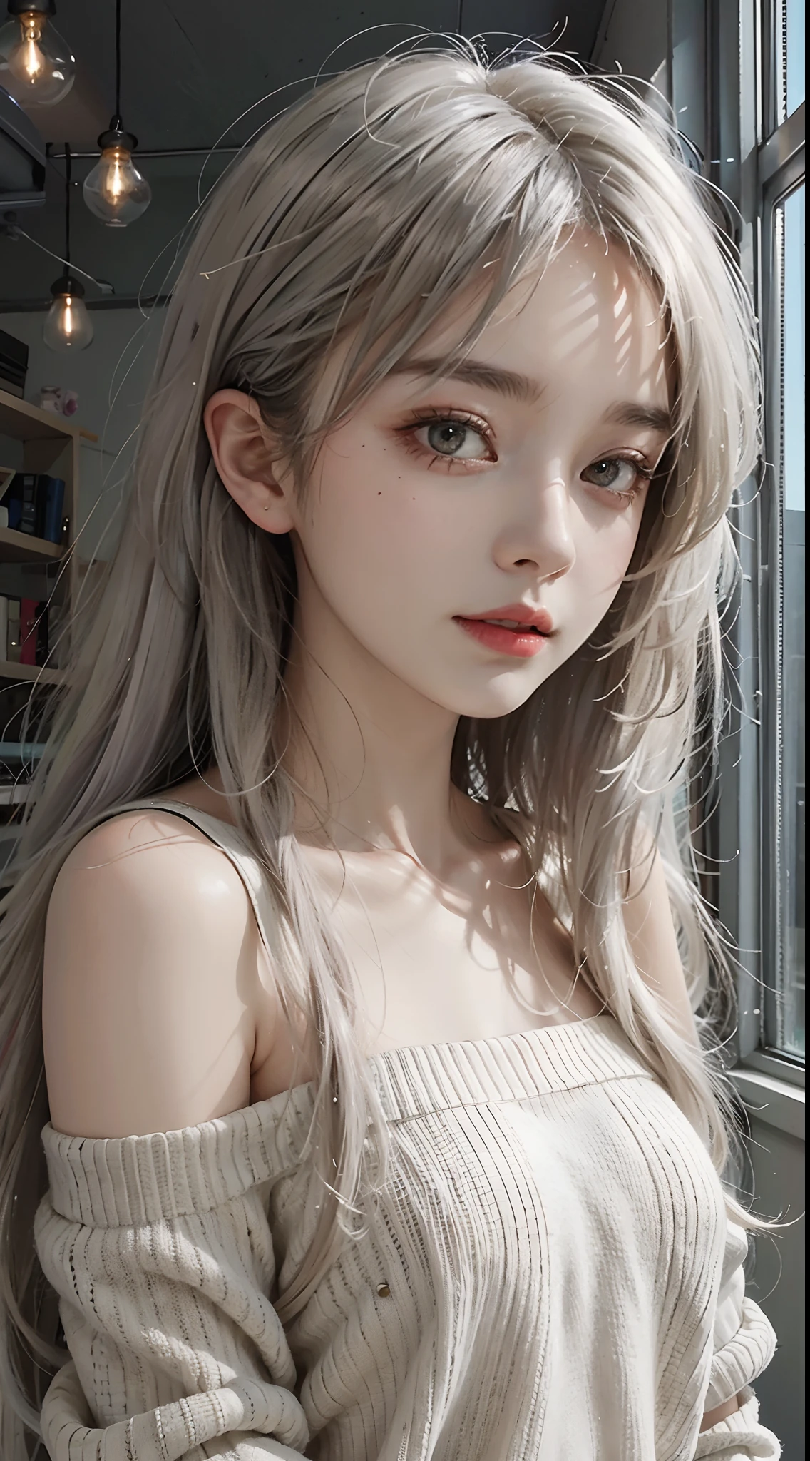 mid-shot, a beautiful woman looking into camera, white hair, off shoulder sweater by Chris Foss autumn lights, long hair