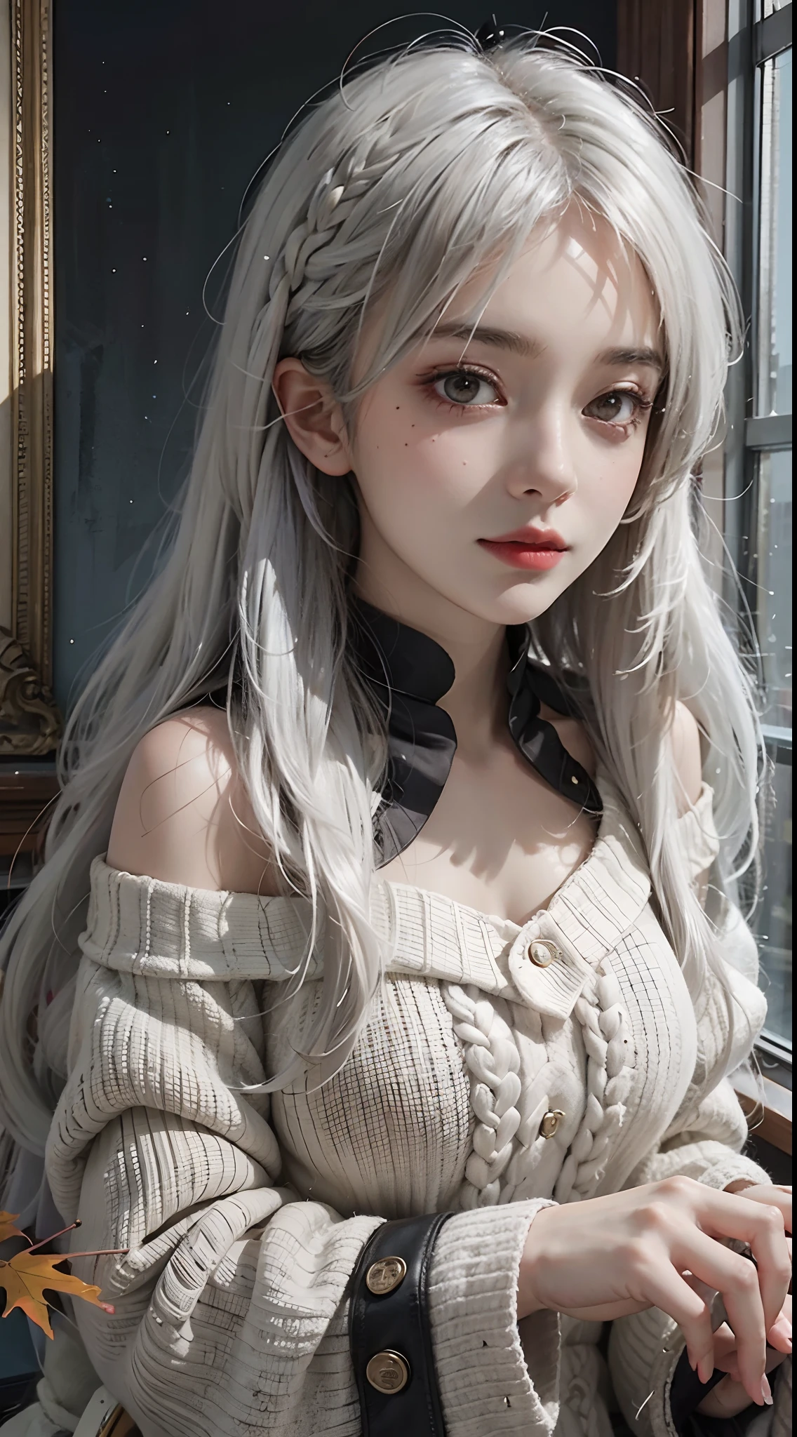 mid-shot, a beautiful woman looking into camera, white hair, off shoulder sweater by Chris Foss autumn lights, long hair