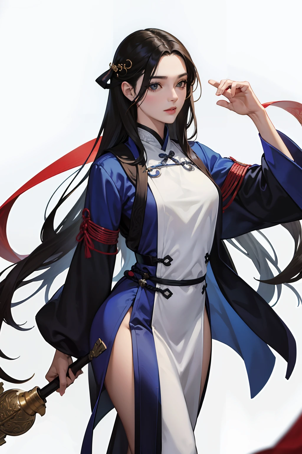 NSFW, obra-prima, melhor qualidade, ultra-detalhado, semi-realista, detailedfacialfeatures, 2 mulheres maduross,usando roupa hanfu antiga wuxia, cabelos brancos,compridos,olhos azuis,roupa da cor branca, mulher bonita,seios grandes,atraente,corpo voluptuoso e sensual,ousada mulher,standing on her feet, segurando duas espadas afiadas;,protagonista