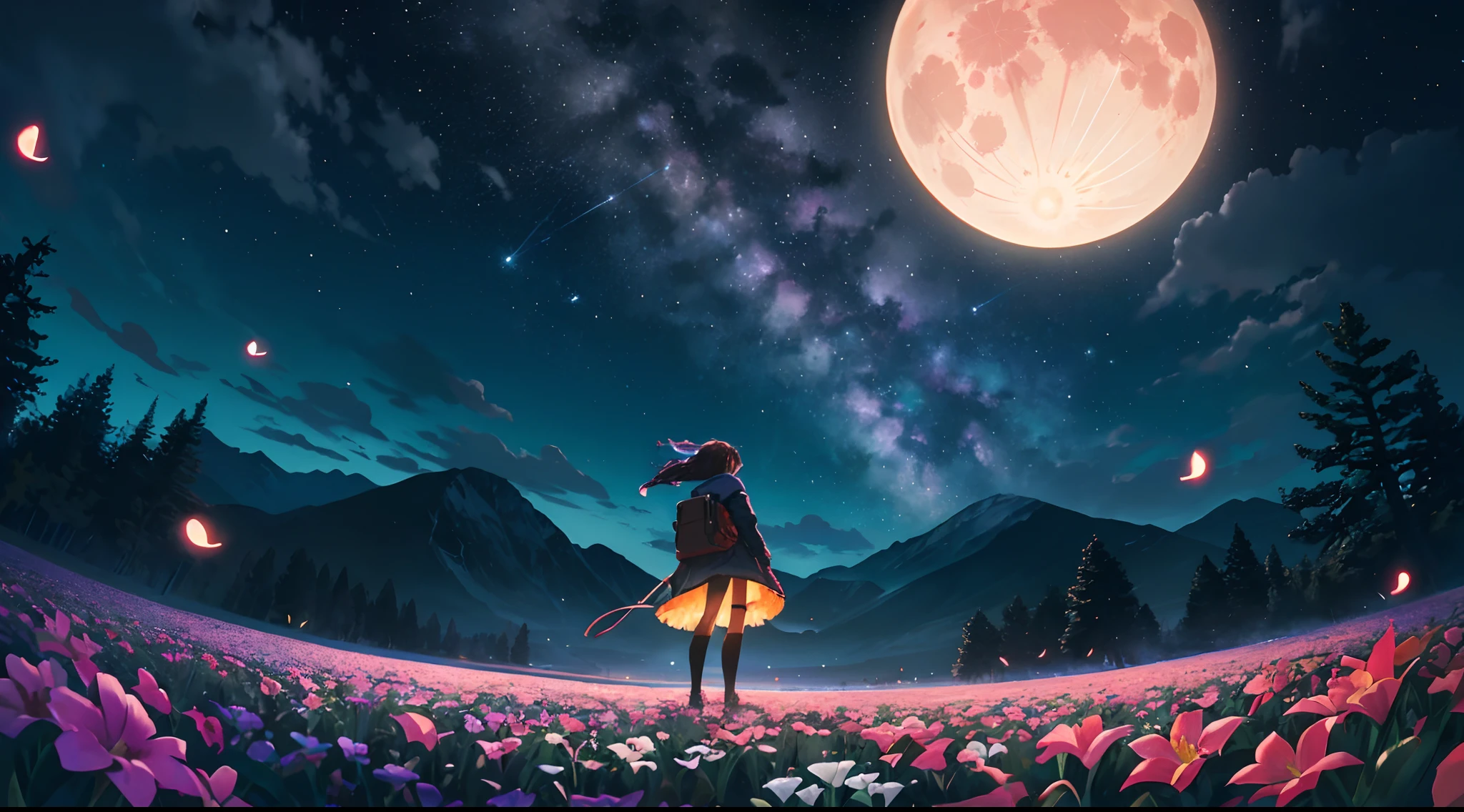 Vast landscape photo, (viewed from below, the sky is above and the open field is below), a girl standing on a flower field looking up, (full moon: 1.2), (meteor: 0.9), (nebula: 1.3), distant mountains , Trees BREAK Crafting Art, (Warm Light: 1.2), (Fireflies: 1.2), Lights, Lots of Purple and Orange, Intricate Details, Volumetric Lighting, Realism BREAK (Masterpiece: 1.2), (Best Quality), 4k, Ultra-Detailed, (Dynamic Composition: 1.4), Very Detailed, Colorful Details, (Rainbow Colors: 1.2), (Glow Lighting, Atmospheric Lighting), Dreamy, Magical, (Solo: 1.2)